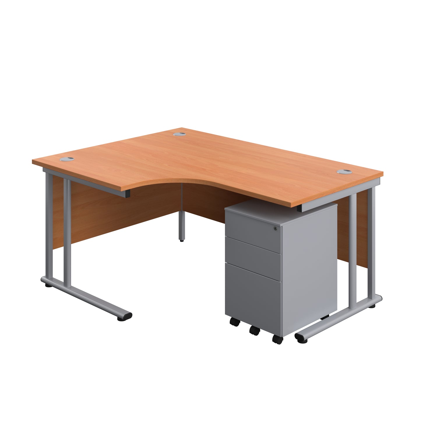 Aztec|Twin Upright|Left Hand Radial Desk and Under Desk Steel Pedestal 3 Drawer|1600x1200|Beech-Silver