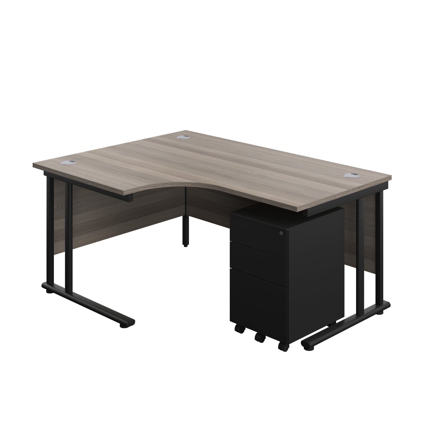Aztec|Twin Upright|Left Hand Radial Desk and Under Desk Steel Pedestal 3 Drawer|1600x1200|Grey Oak-Black