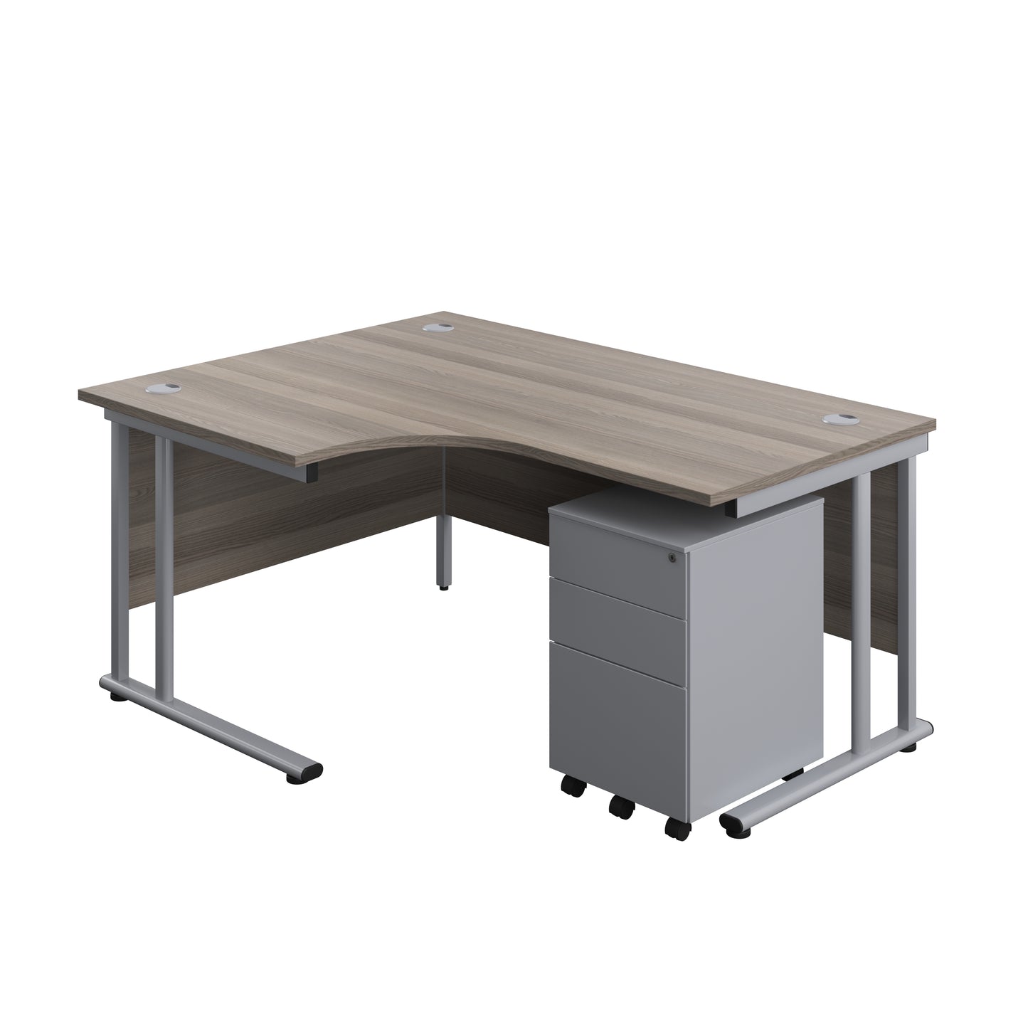 Aztec|Twin Upright|Left Hand Radial Desk and Under Desk Steel Pedestal 3 Drawer|1600x1200|Grey Oak-Silver