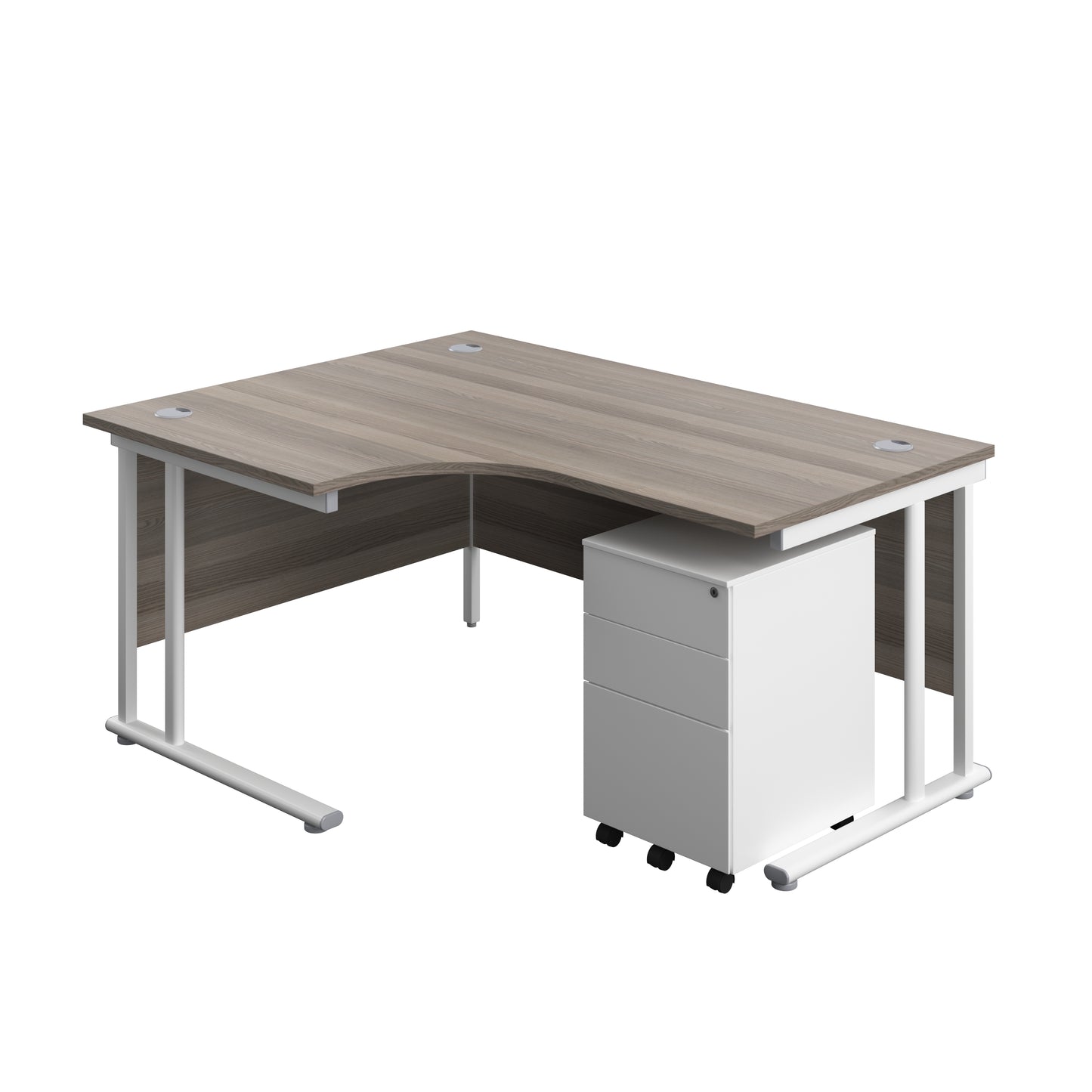 Aztec|Twin Upright|Left Hand Radial Desk and Under Desk Steel Pedestal 3 Drawer|1600x1200|Grey Oak-White