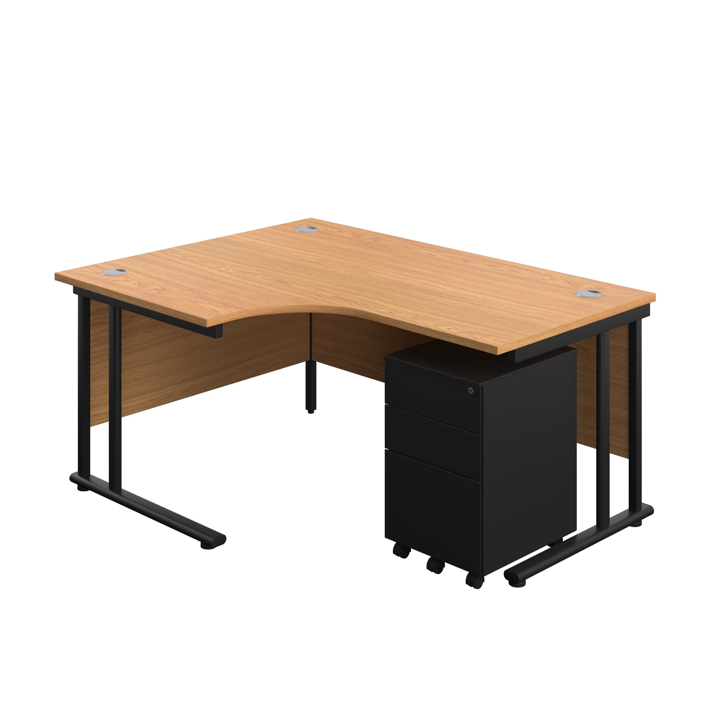 Aztec|Twin Upright|Left Hand Radial Desk and Under Desk Steel Pedestal 3 Drawer|1600x1200|Nova Oak-Black