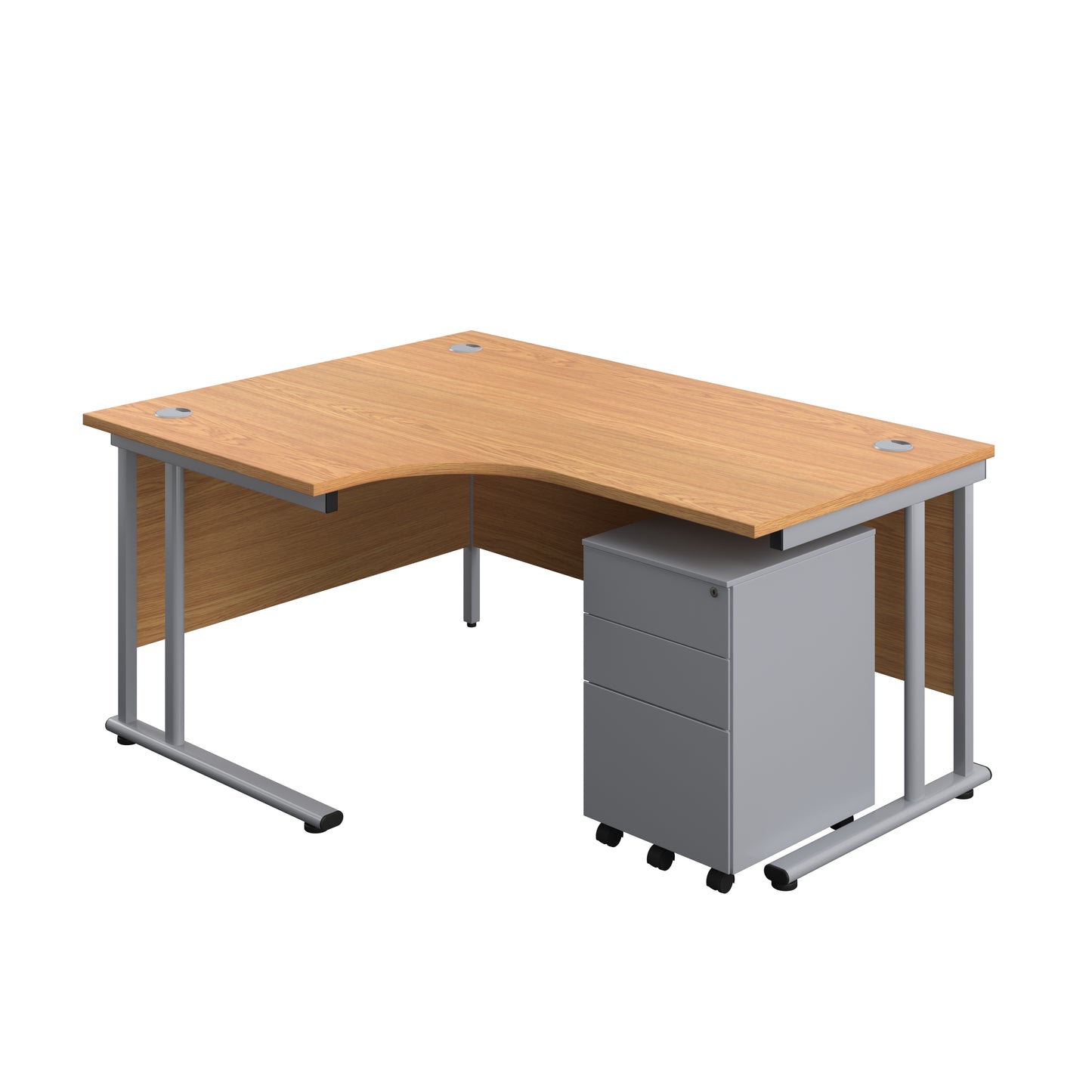 Aztec|Twin Upright|Left Hand Radial Desk and Under Desk Steel Pedestal 3 Drawer|1600x1200|Nova Oak-Silver
