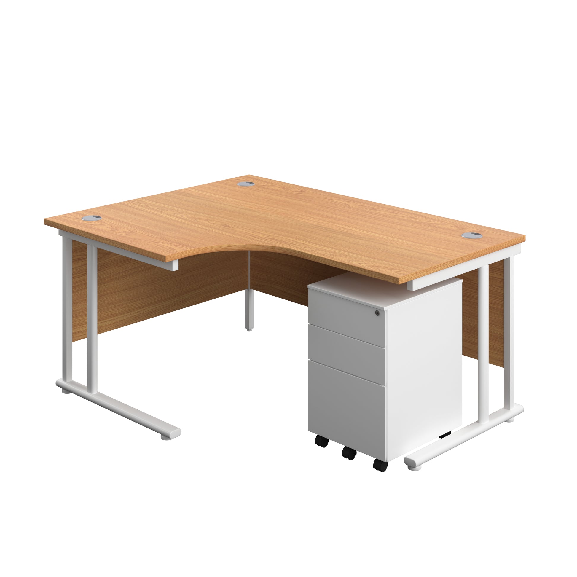 Aztec|Twin Upright|Left Hand Radial Desk and Under Desk Steel Pedestal 3 Drawer|1600x1200|Nova Oak-White