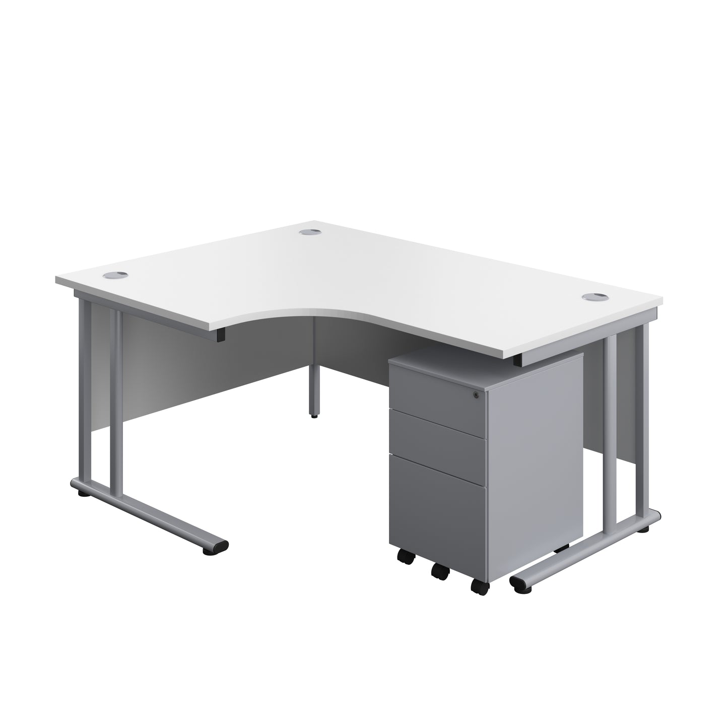 Aztec|Twin Upright|Left Hand Radial Desk and Under Desk Steel Pedestal 3 Drawer|1600x1200|White-Silver