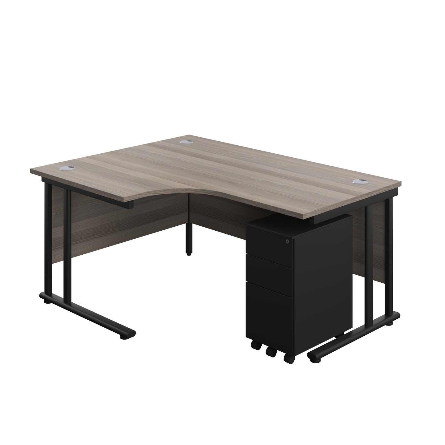 Aztec|Twin Upright|Left Hand Radial Desk and Slimline Steel Pedestal 3 Drawer|1600x1200|Grey Oak-Black