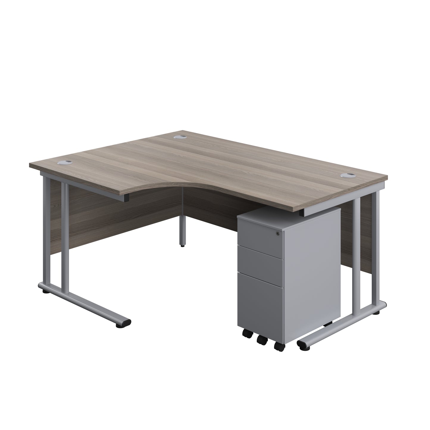 Aztec|Twin Upright|Left Hand Radial Desk and Slimline Steel Pedestal 3 Drawer|1600x1200|Grey Oak-Silver