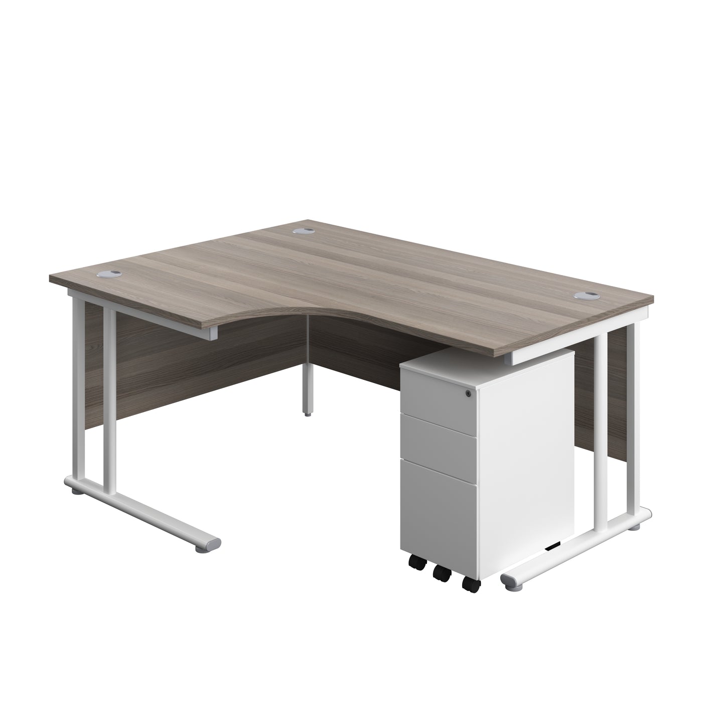 Aztec|Twin Upright|Left Hand Radial Desk and Slimline Steel Pedestal 3 Drawer|1600x1200|Grey Oak-White