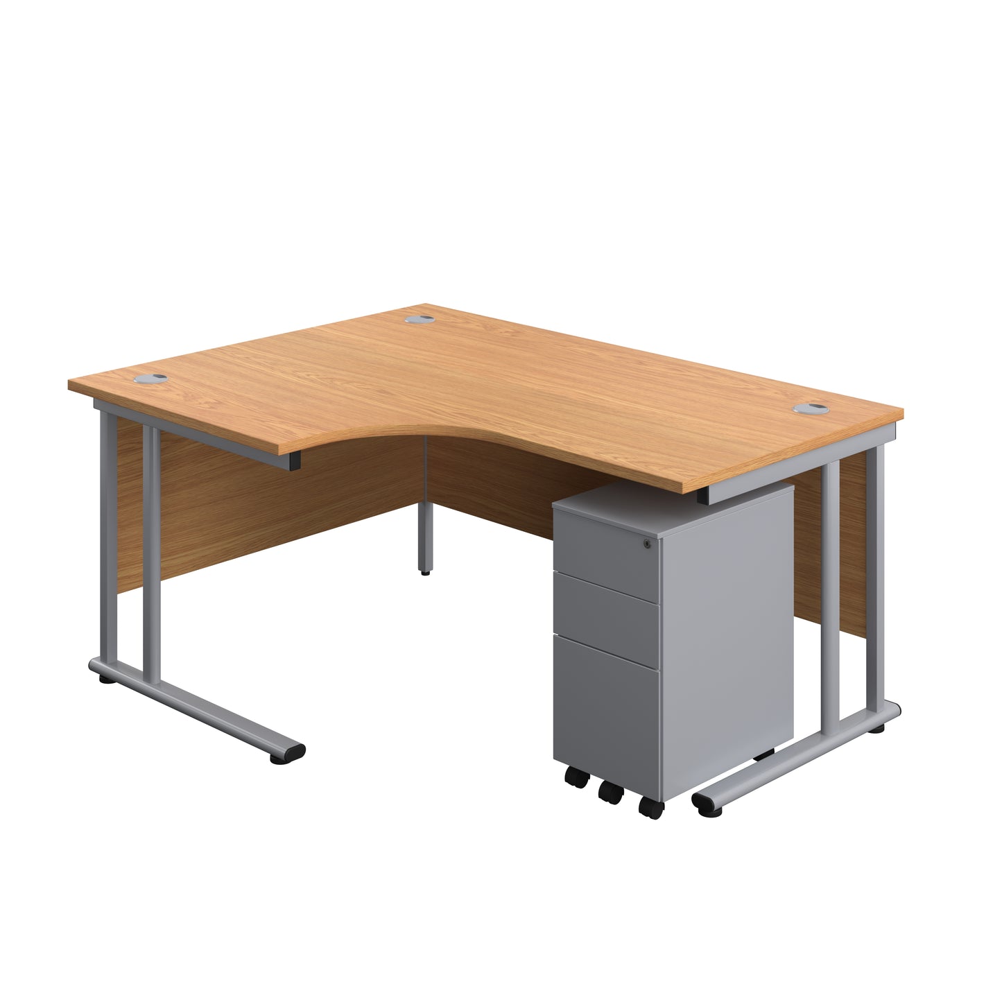 Aztec|Twin Upright|Left Hand Radial Desk and Slimline Steel Pedestal 3 Drawer|1600x1200|Nova Oak-Silver