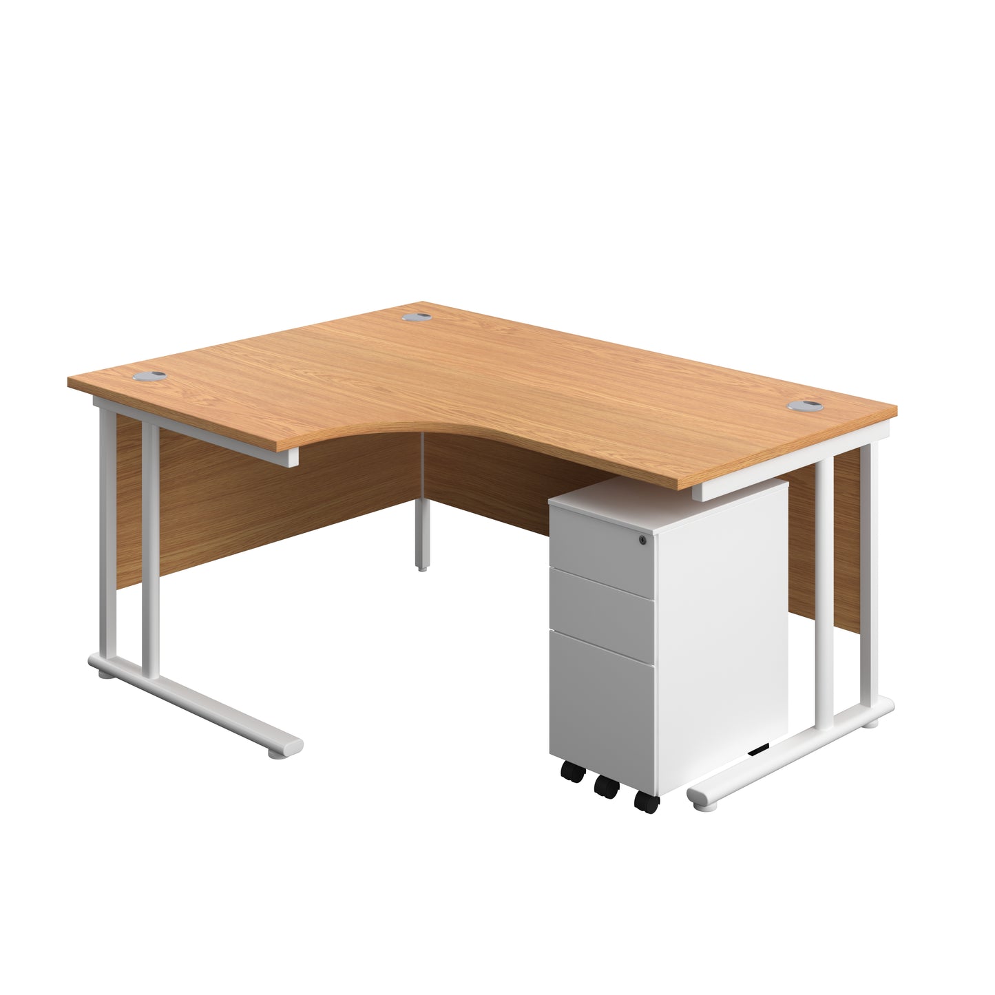 Aztec|Twin Upright|Left Hand Radial Desk and Slimline Steel Pedestal 3 Drawer|1600x1200|Nova Oak-White