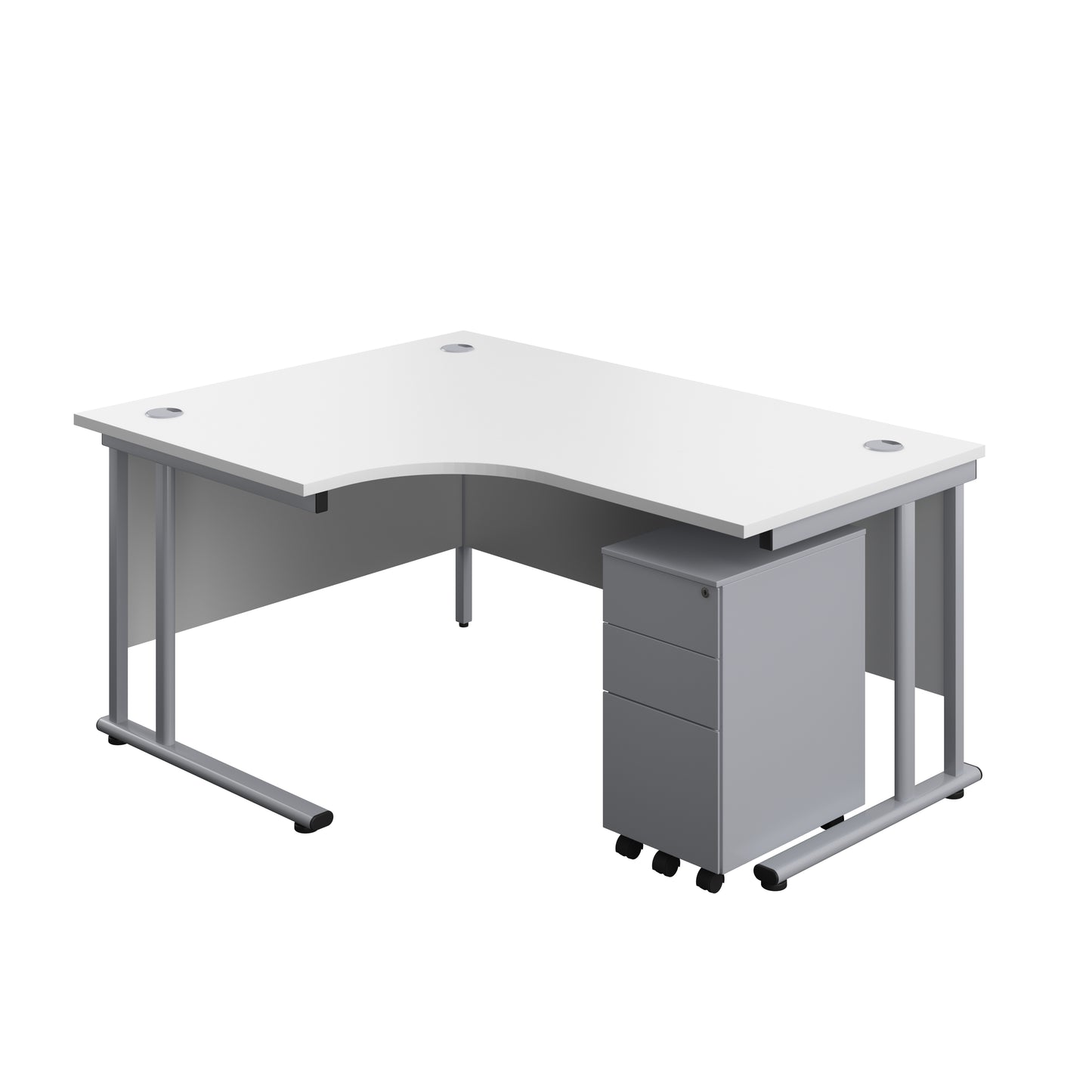 Aztec|Twin Upright|Left Hand Radial Desk and Slimline Steel Pedestal 3 Drawer|1600x1200|White-Silver