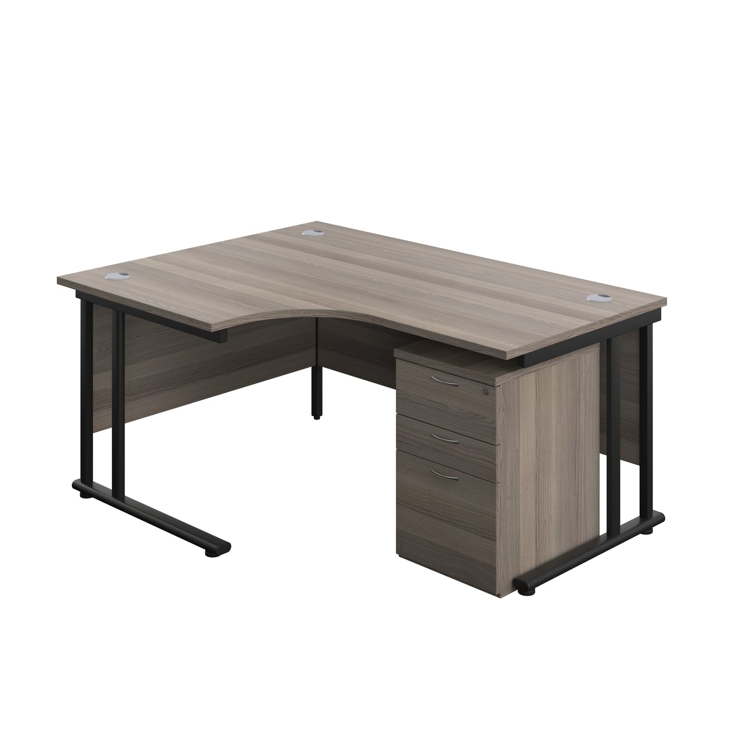 Aztec|Twin Upright|Left Hand Radial Desk and High Mobile Pedestal 3 Drawer|1600x1200|Grey Oak-Black