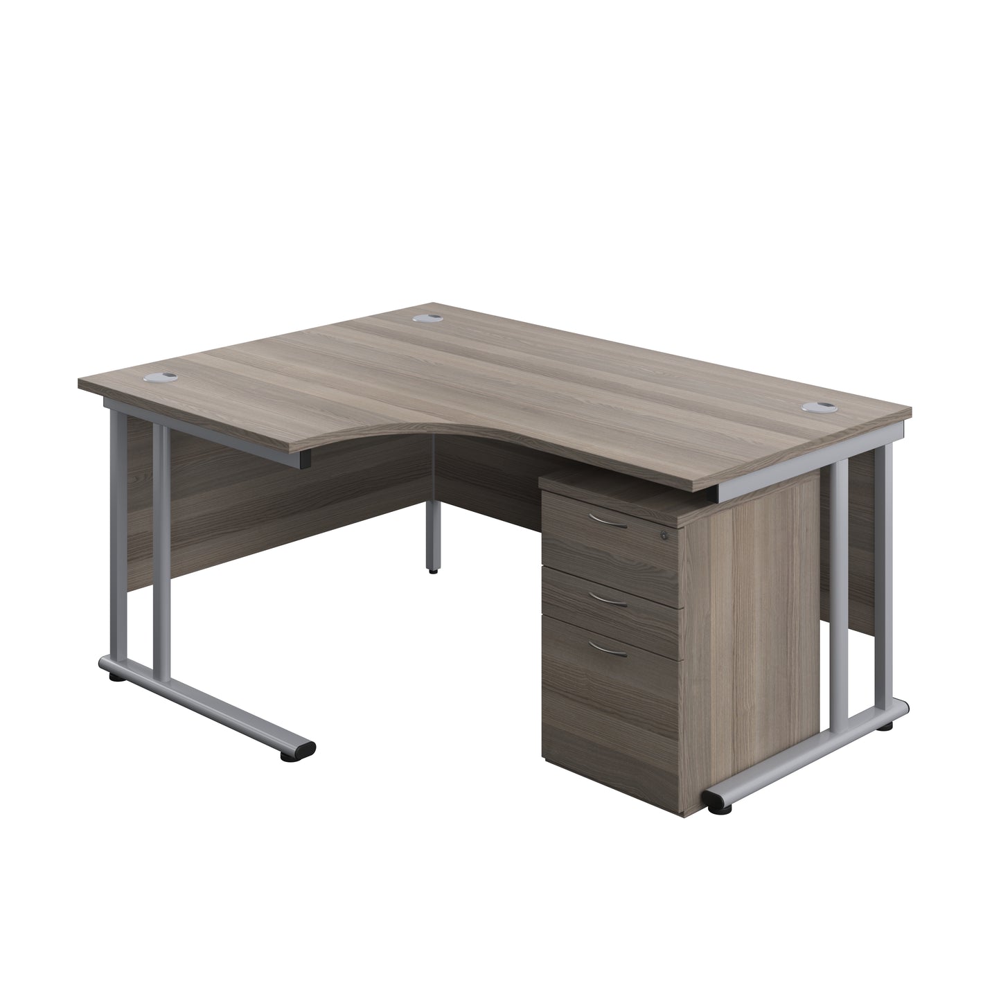 Aztec|Twin Upright|Left Hand Radial Desk and High Mobile Pedestal 3 Drawer|1600x1200|Grey Oak-Silver