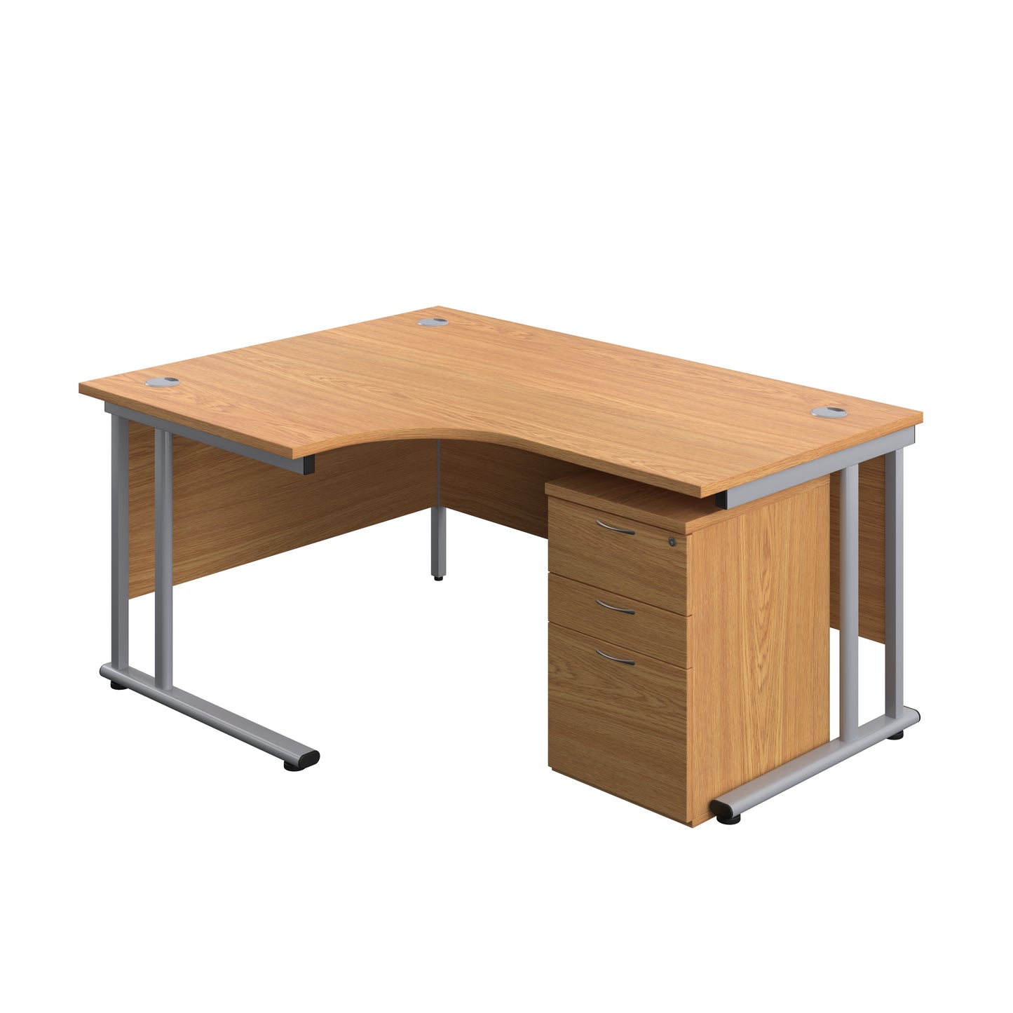 Aztec|Twin Upright|Left Hand Radial Desk and High Mobile Pedestal 3 Drawer|1600x1200|Nova Oak-Silver