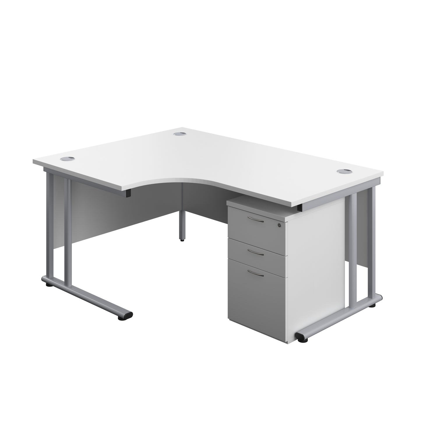 Aztec|Twin Upright|Left Hand Radial Desk and High Mobile Pedestal 3 Drawer|1600x1200|White-Silver
