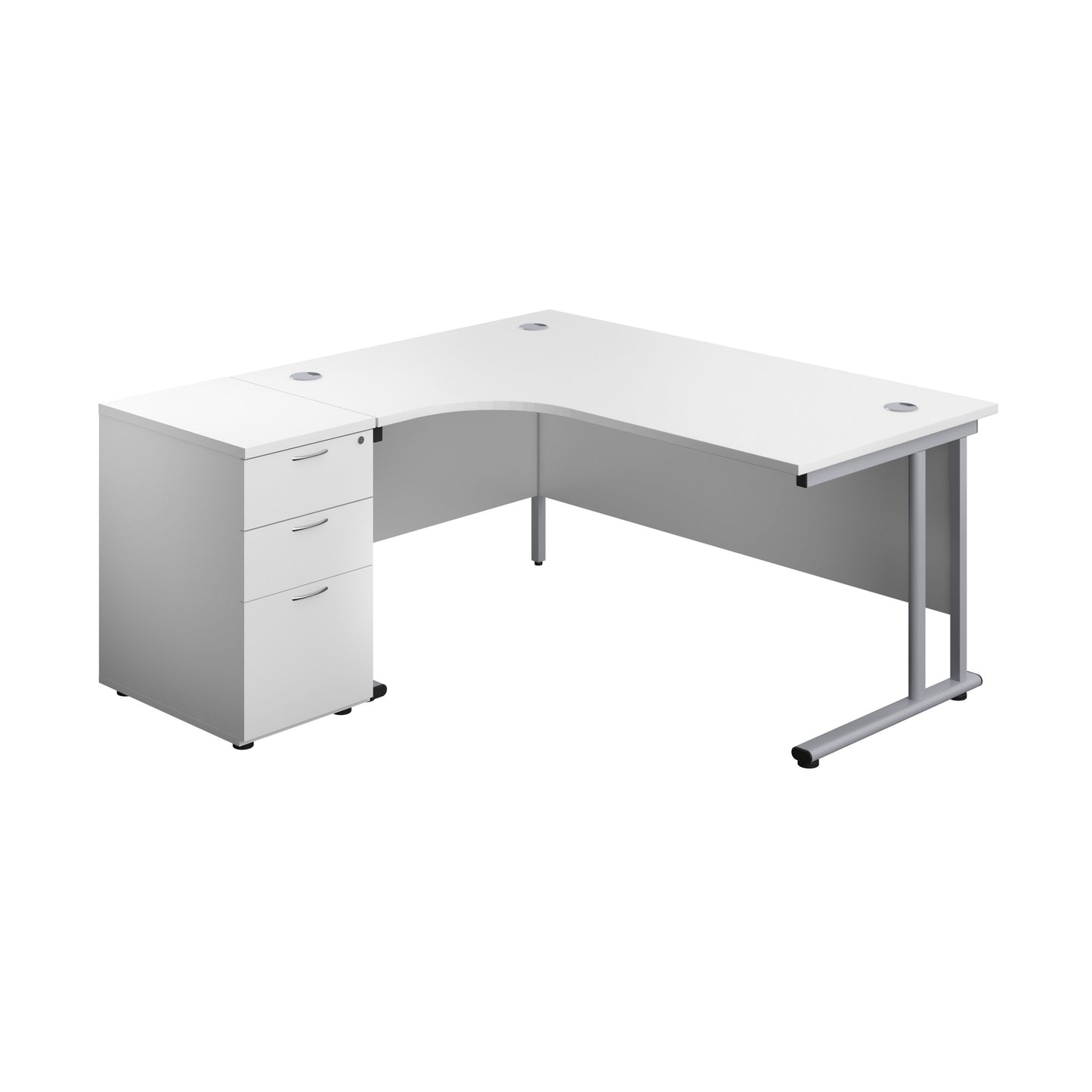 Aztec|Twin Upright|Left Hand Radial Desk and Desk High 3 Drawer Pedestal (FSC)|1600x1200|600mm Deep Pedestal|White-Silver