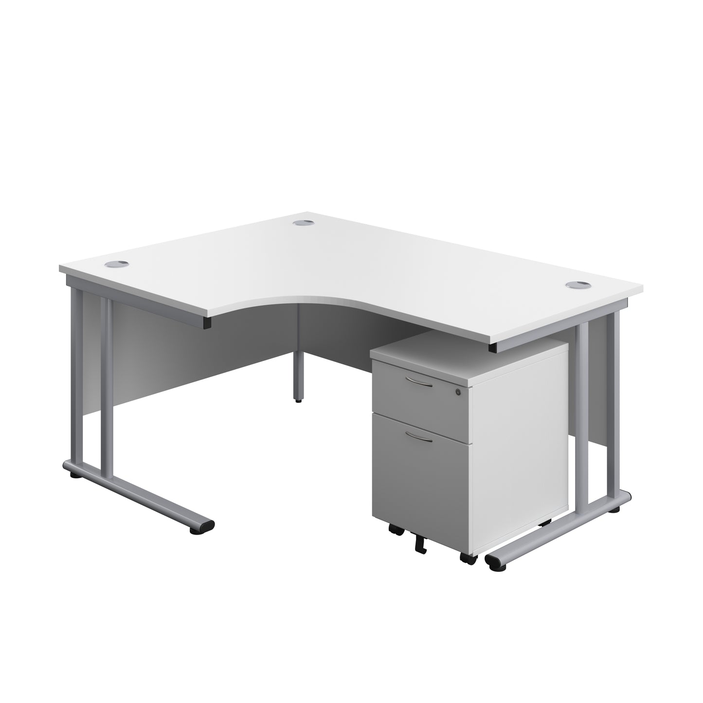 Aztec|Twin Upright|Left Hand Radial Desk and Mobile 2 Drawer Pedestal|1600x1200|White-Silver