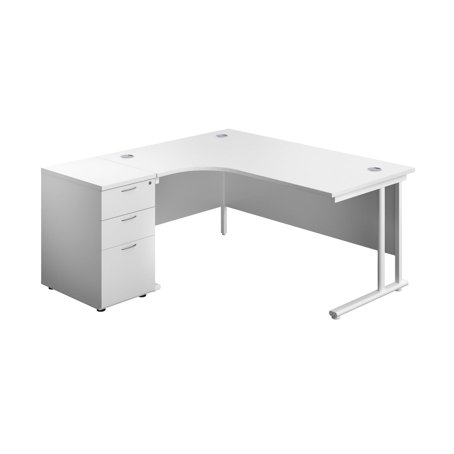 Aztec|Twin Upright|Left Hand Radial Desk and Desk High 3 Drawer Pedestal (FSC)|1600x1200|600mm Deep Pedestal|White-White