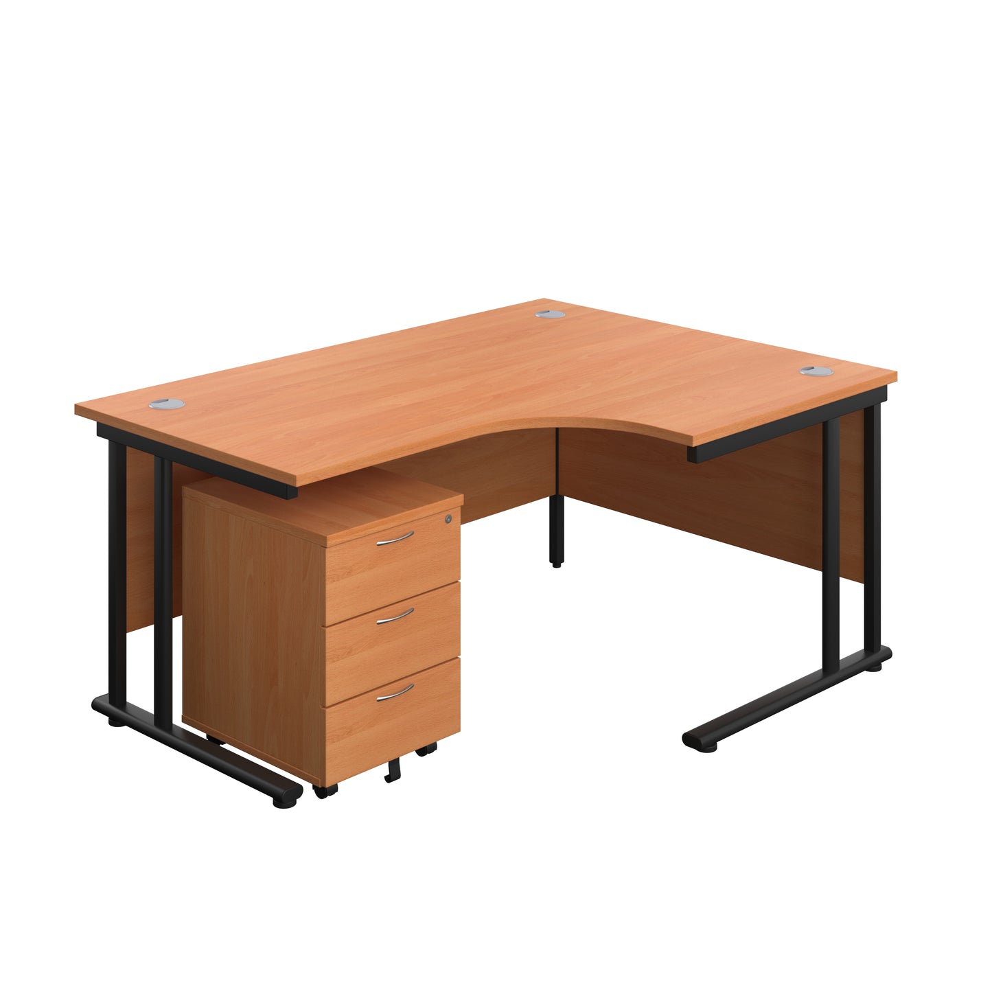 Aztec|Twin Upright|Right Hand Radial Desk and Mobile 3 Drawer Pedestal|1600x1200|Beech-Black