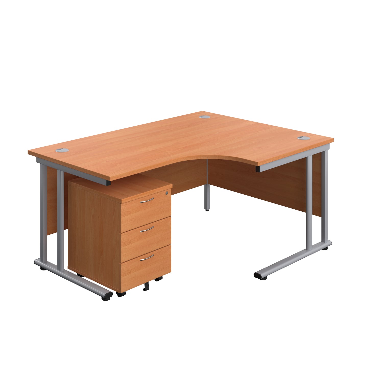 Aztec|Twin Upright|Right Hand Radial Desk and Mobile 3 Drawer Pedestal|1600x1200|Beech-Silver