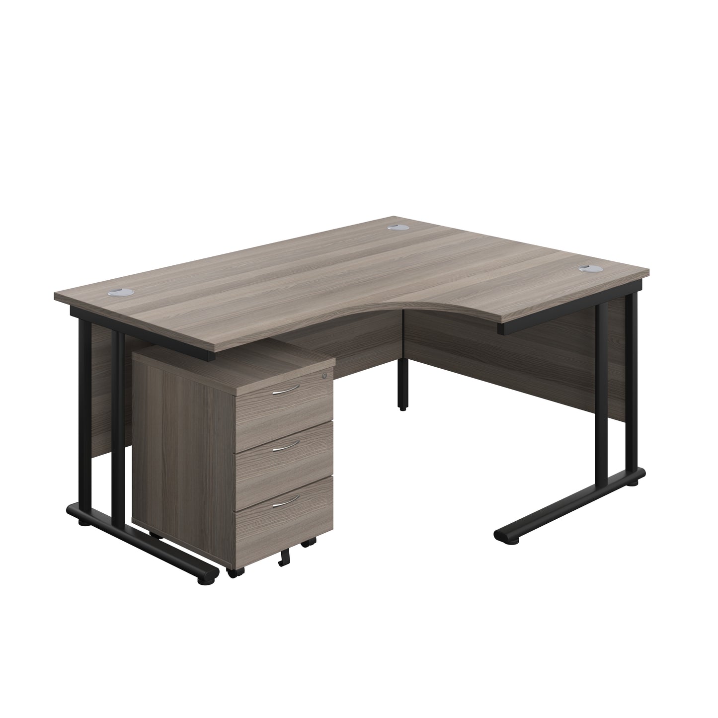 Aztec|Twin Upright|Right Hand Radial Desk and Mobile 3 Drawer Pedestal|1600x1200|Grey Oak-Black