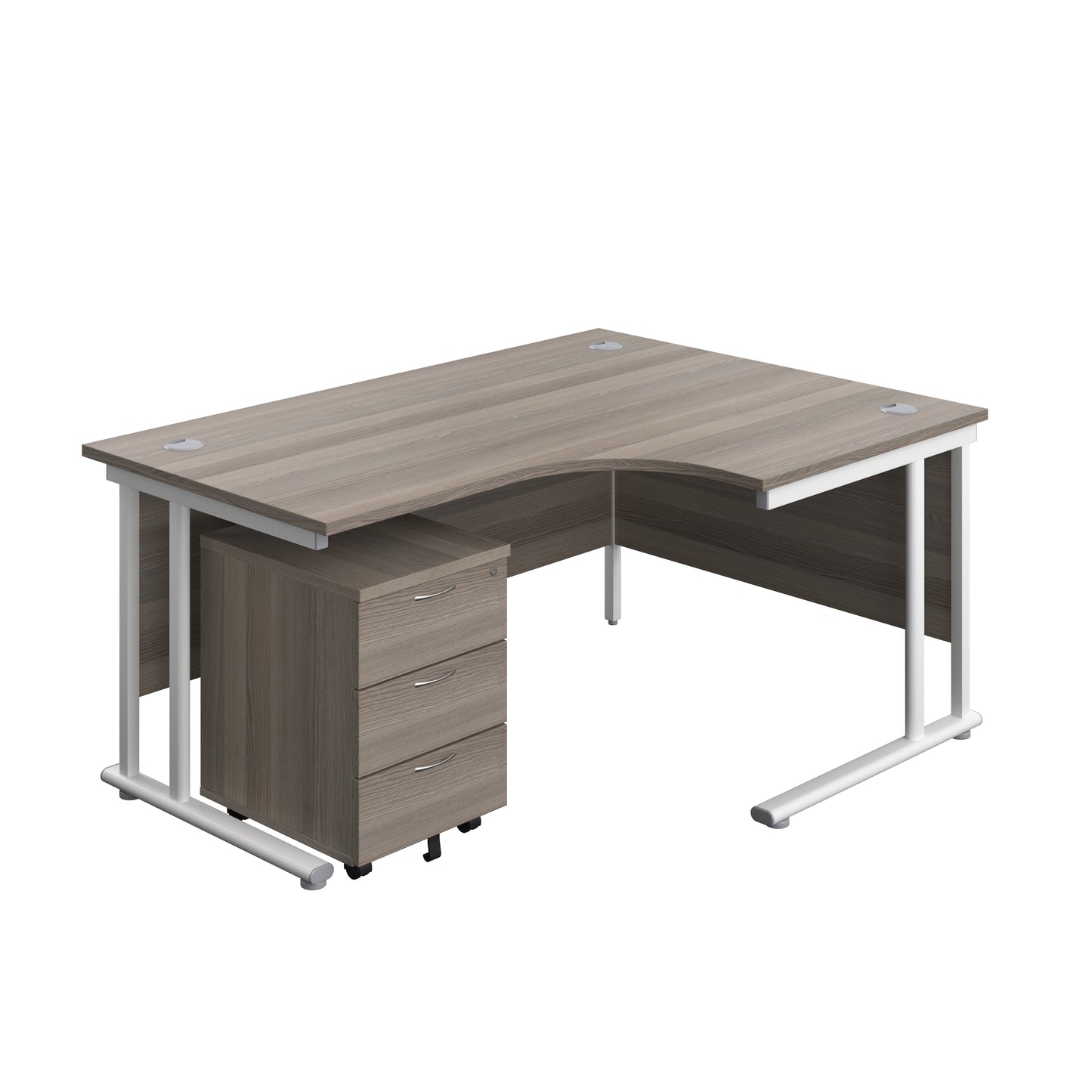 Aztec|Twin Upright|Right Hand Radial Desk and Mobile 3 Drawer Pedestal|1600x1200|Grey Oak-White