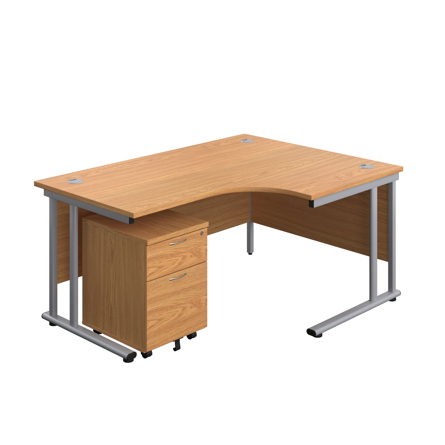 Aztec|Twin Upright|Right Hand Radial Desk and Mobile 2 Drawer Pedestal|1600x1200|Nova Oak-Silver