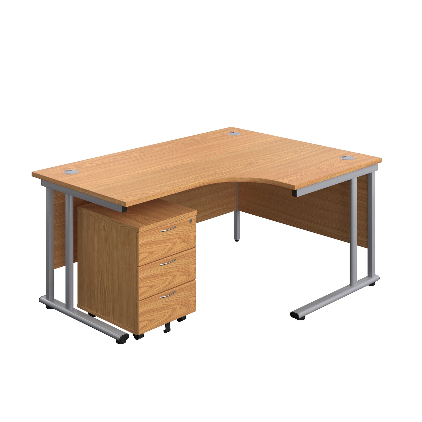 Aztec|Twin Upright|Right Hand Radial Desk and Mobile 3 Drawer Pedestal|1600x1200|Nova Oak-Silver