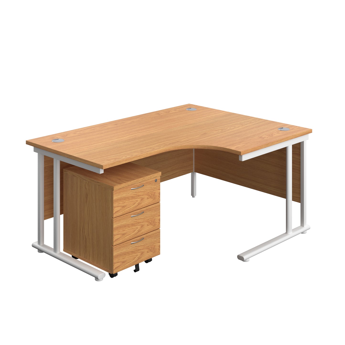 Aztec|Twin Upright|Right Hand Radial Desk and Mobile 3 Drawer Pedestal|1600x1200|Nova Oak-White