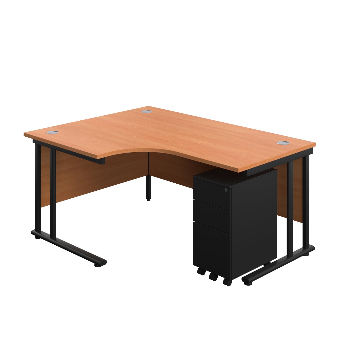 Aztec|Twin Upright|Right Hand Radial Desk and Under Desk Steel Pedestal 3 Drawer|1600x1200|Beech-Black