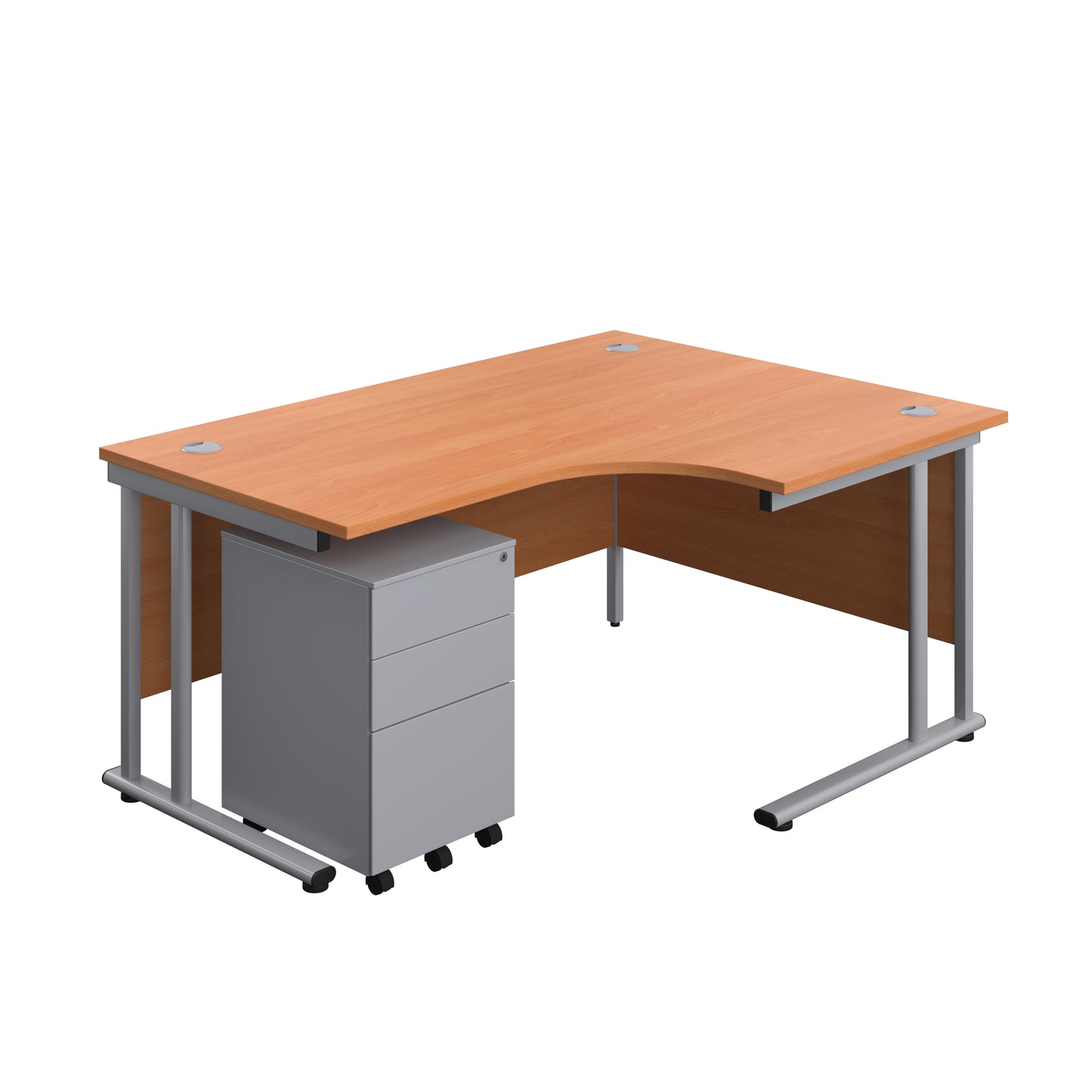 Aztec|Twin Upright|Right Hand Radial Desk and Under Desk Steel Pedestal 3 Drawer|1600x1200|Beech-Silver