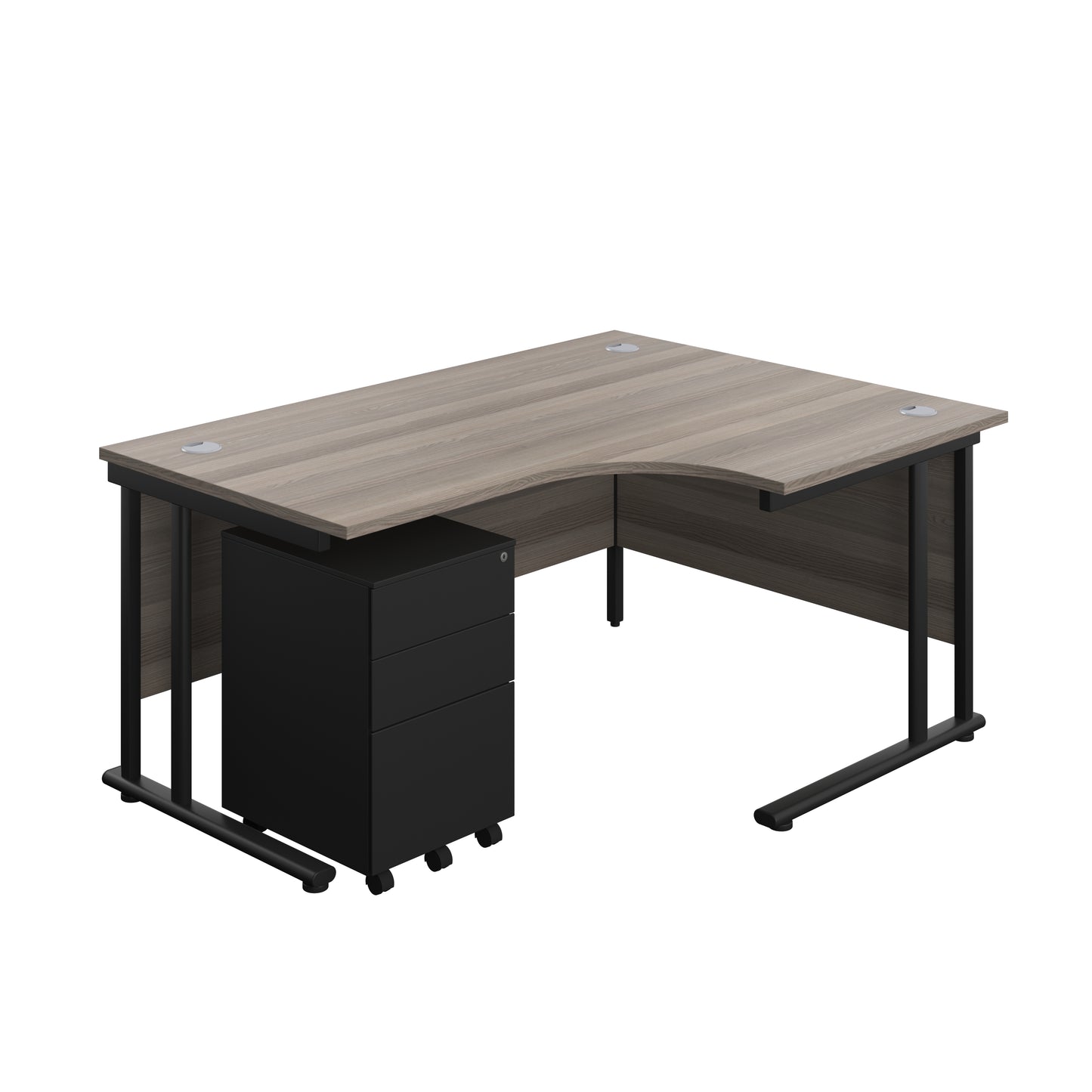 Aztec|Twin Upright|Right Hand Radial Desk and Under Desk Steel Pedestal 3 Drawer|1600x1200|Grey Oak-Black