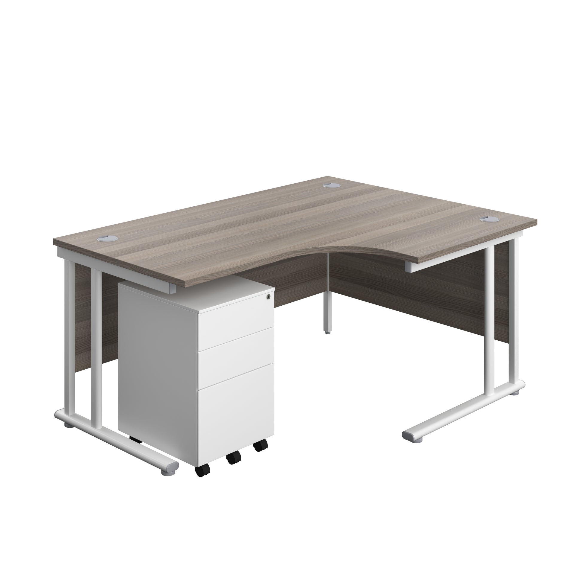 Aztec|Twin Upright|Right Hand Radial Desk and Under Desk Steel Pedestal 3 Drawer|1600x1200|Grey Oak-White