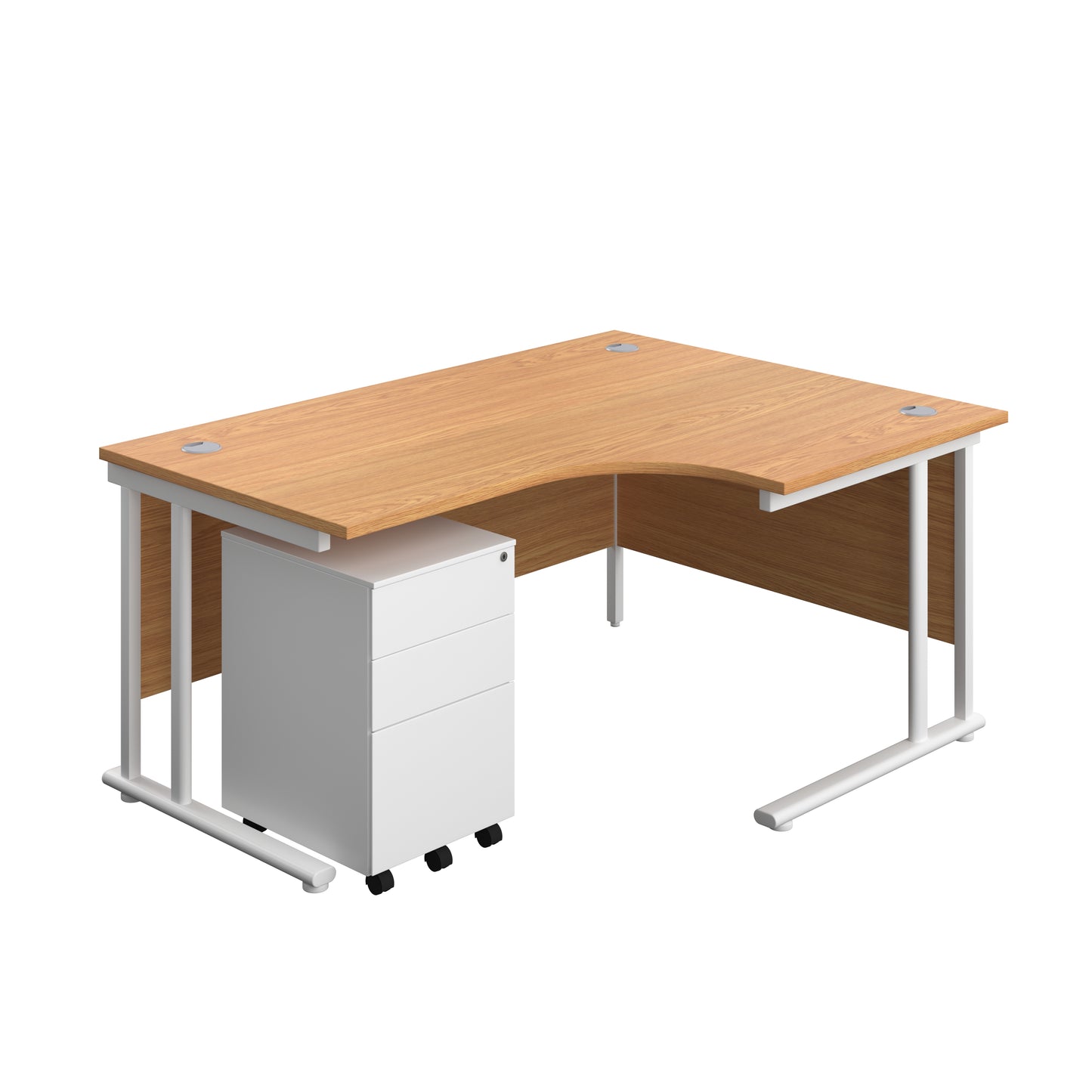 Aztec|Twin Upright|Right Hand Radial Desk and Under Desk Steel Pedestal 3 Drawer|1600x1200|Nova Oak-White