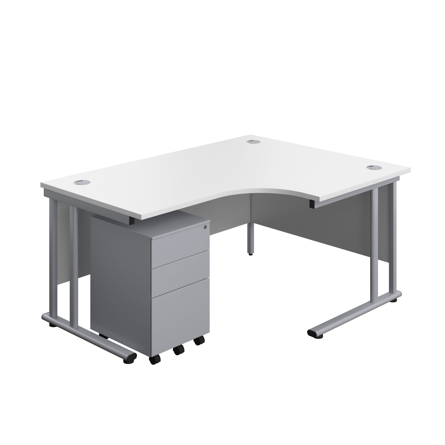 Aztec|Twin Upright|Right Hand Radial Desk and Under Desk Steel Pedestal 3 Drawer|1600x1200|White-Silver