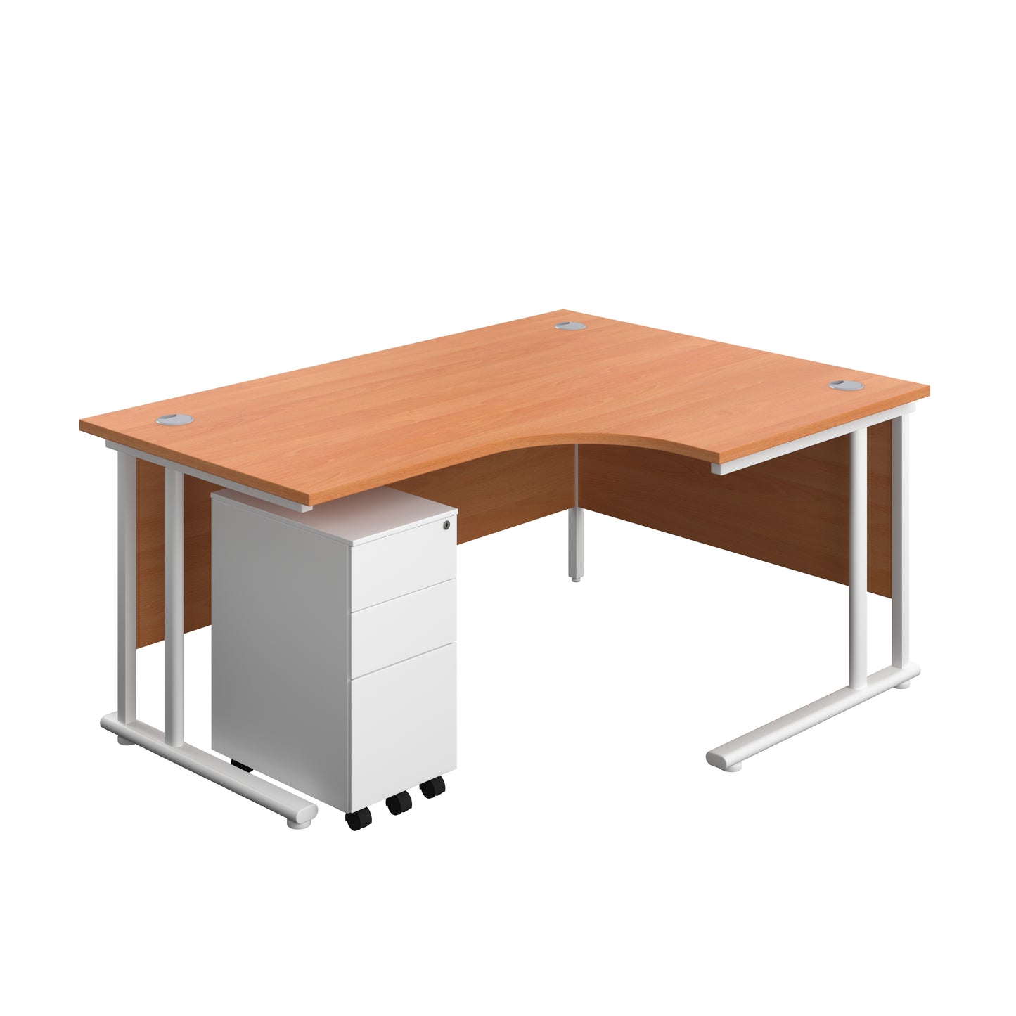 Aztec|Twin Upright|Right Hand Radial Desk and Slimline Steel Pedestal 3 Drawer|1600x1200|Beech-White