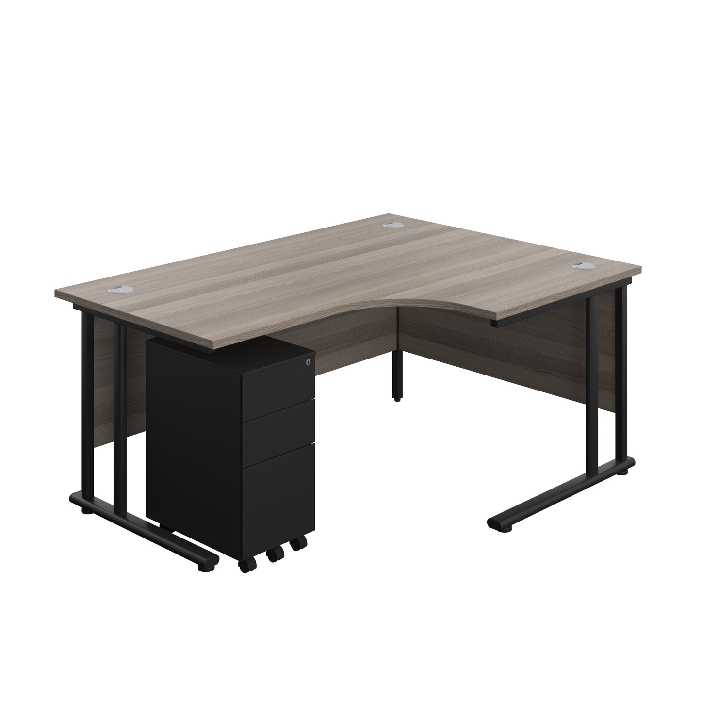 Aztec|Twin Upright|Right Hand Radial Desk and Slimline Steel Pedestal 3 Drawer|1600x1200|Grey Oak-Black