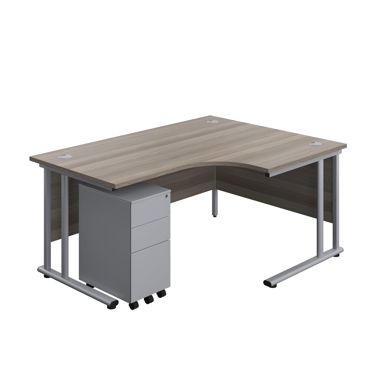 Aztec|Twin Upright|Right Hand Radial Desk and Slimline Steel Pedestal 3 Drawer|1600x1200|Grey Oak-Silver