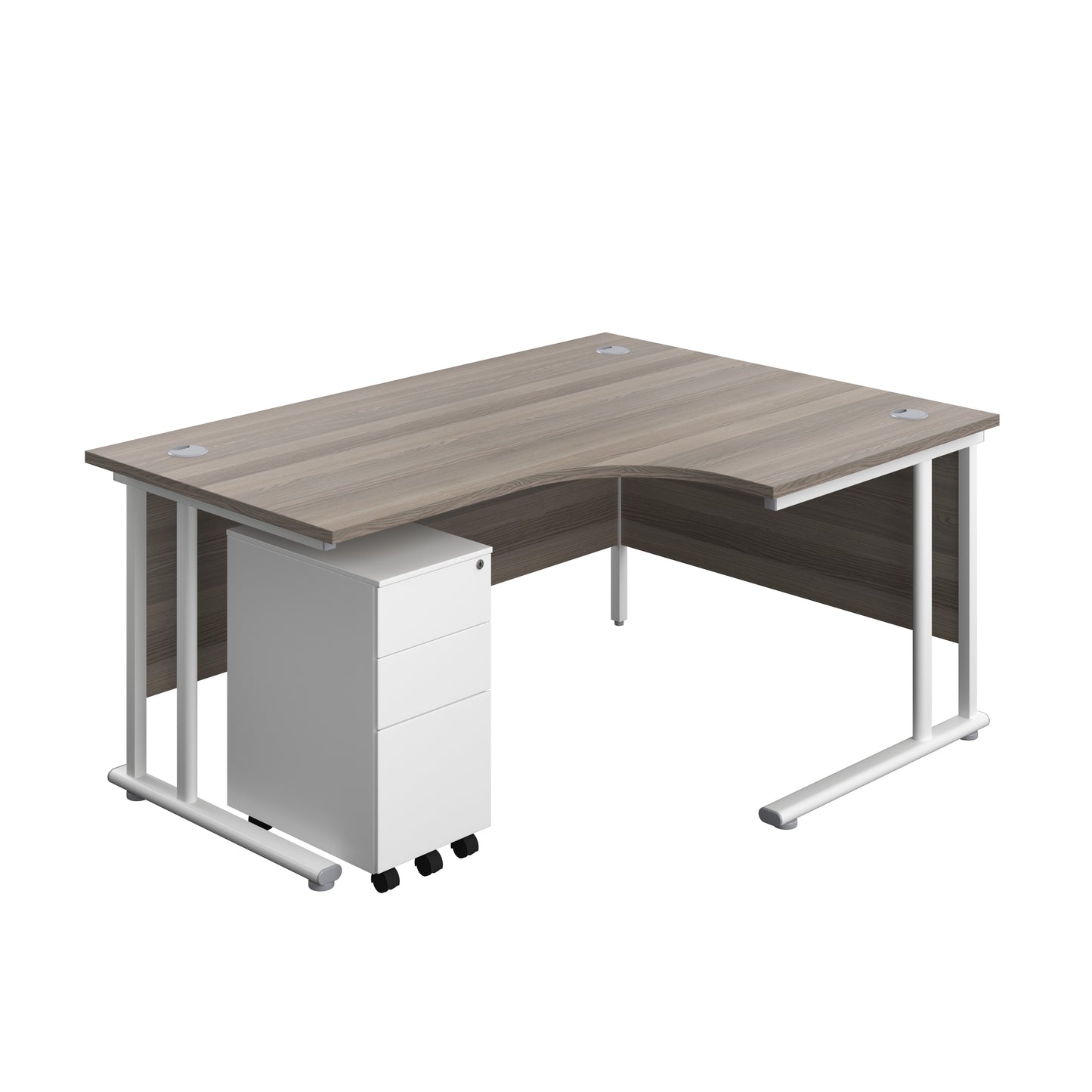 Aztec|Twin Upright|Right Hand Radial Desk and Slimline Steel Pedestal 3 Drawer|1600x1200|Grey Oak-White