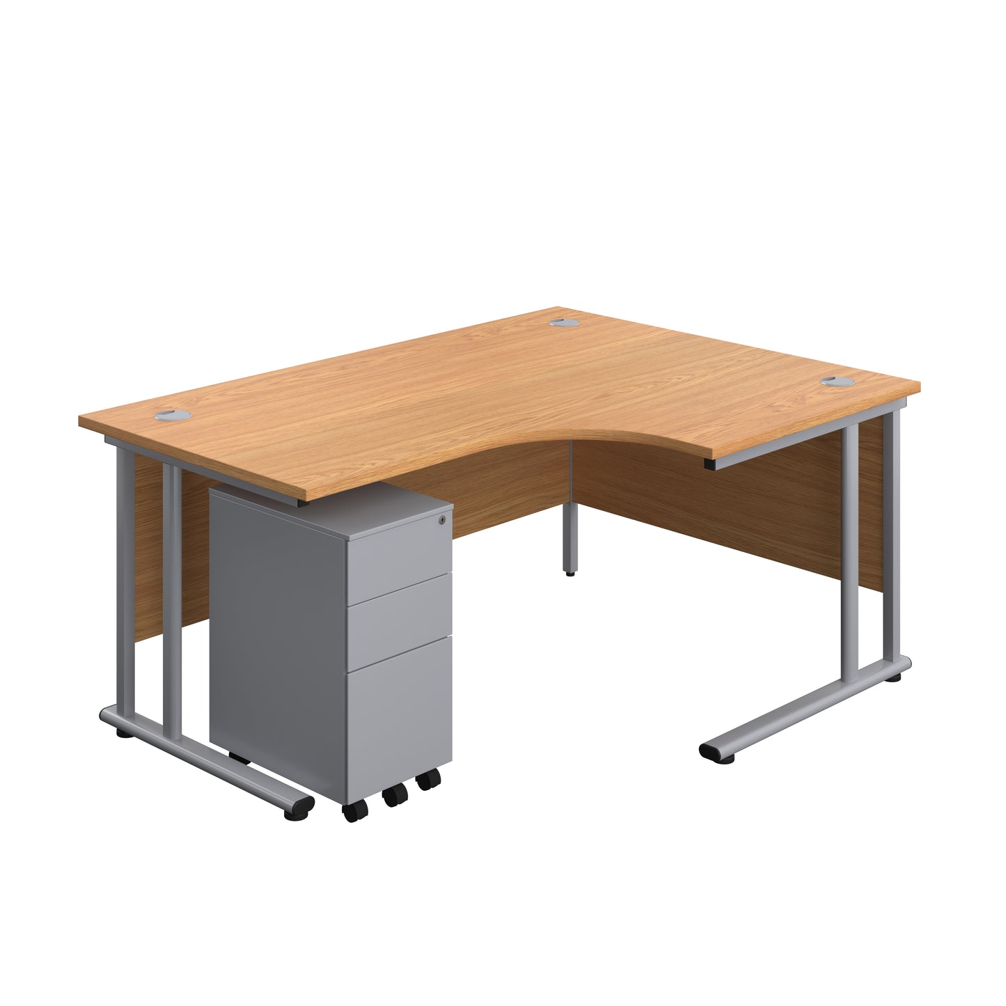 Aztec|Twin Upright|Right Hand Radial Desk and Slimline Steel Pedestal 3 Drawer|1600x1200|Nova Oak-Silver