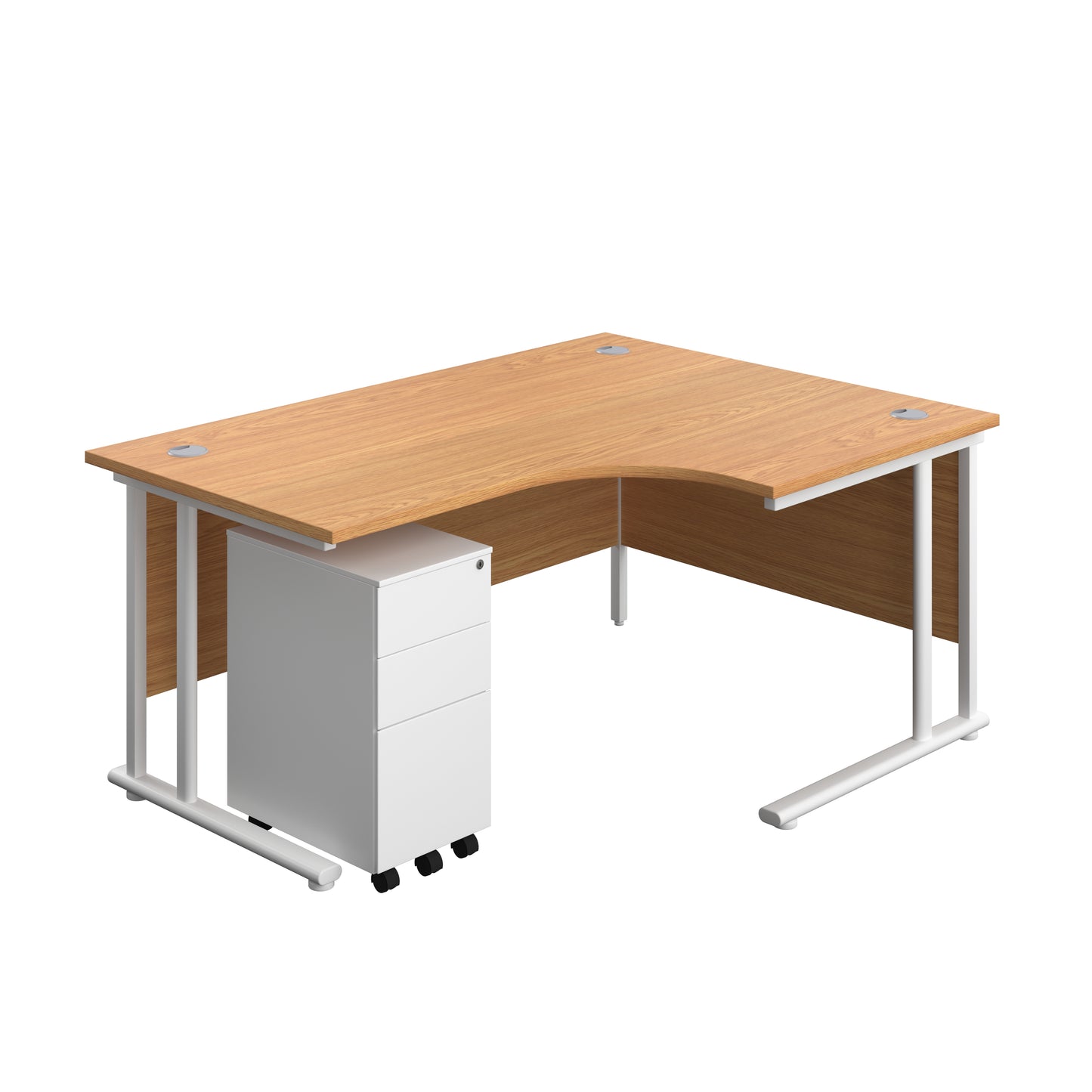 Aztec|Twin Upright|Right Hand Radial Desk and Slimline Steel Pedestal 3 Drawer|1600x1200|Nova Oak-White