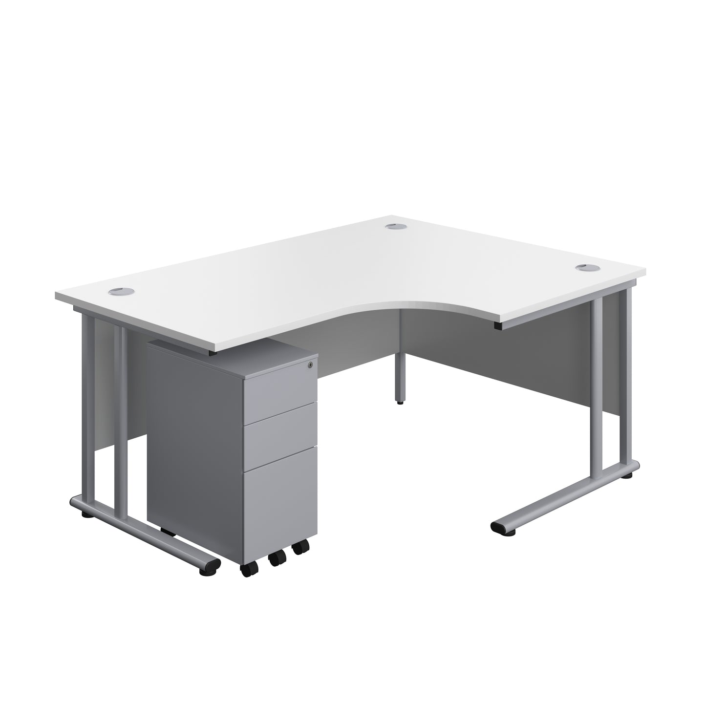 Aztec|Twin Upright|Right Hand Radial Desk and Slimline Steel Pedestal 3 Drawer|1600x1200|White-Silver