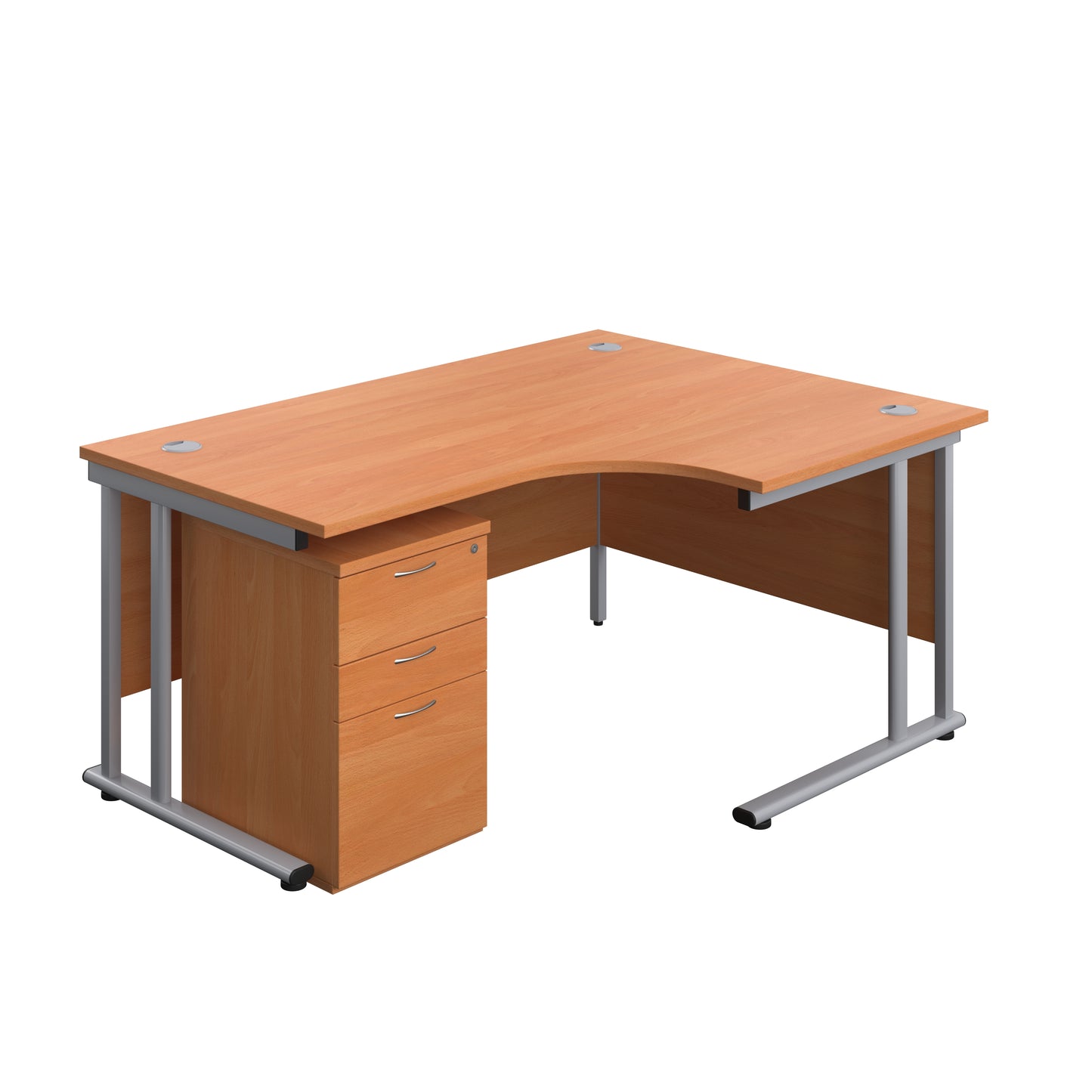 Aztec|Twin Upright|Right Hand Radial Desk and High Mobile Pedestal 3 Drawer|1600x1200|Beech-Silver