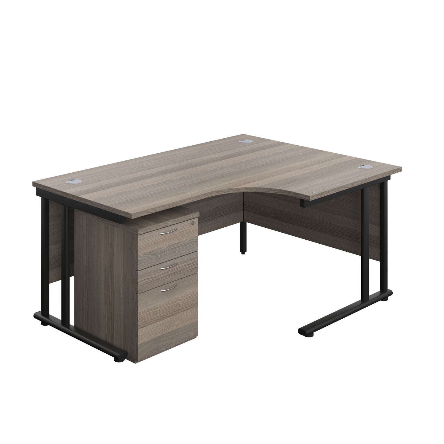 Aztec|Twin Upright|Right Hand Radial Desk and High Mobile Pedestal 3 Drawer|1600x1200|Grey Oak-Black