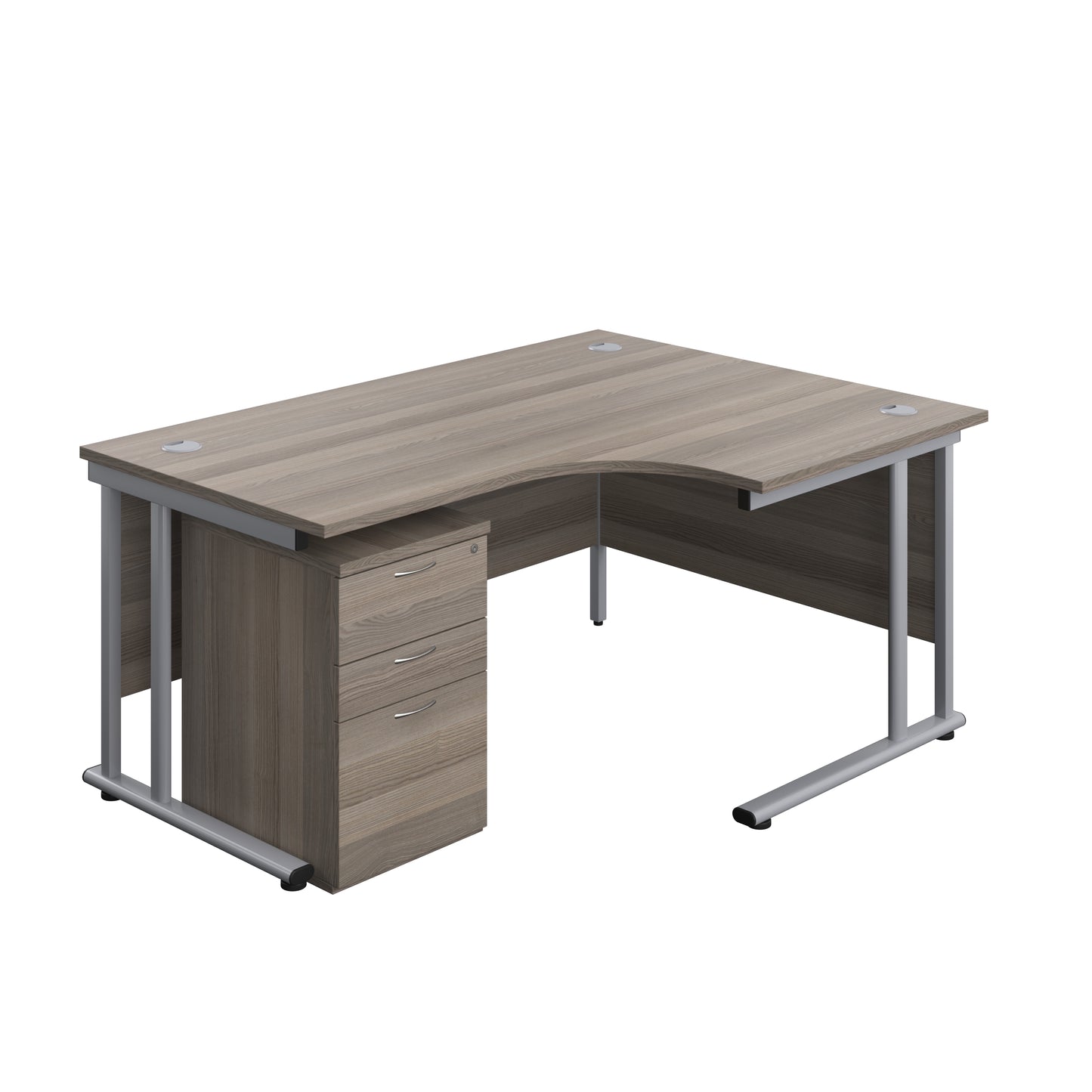 Aztec|Twin Upright|Right Hand Radial Desk and High Mobile Pedestal 3 Drawer|1600x1200|Grey Oak-Silver
