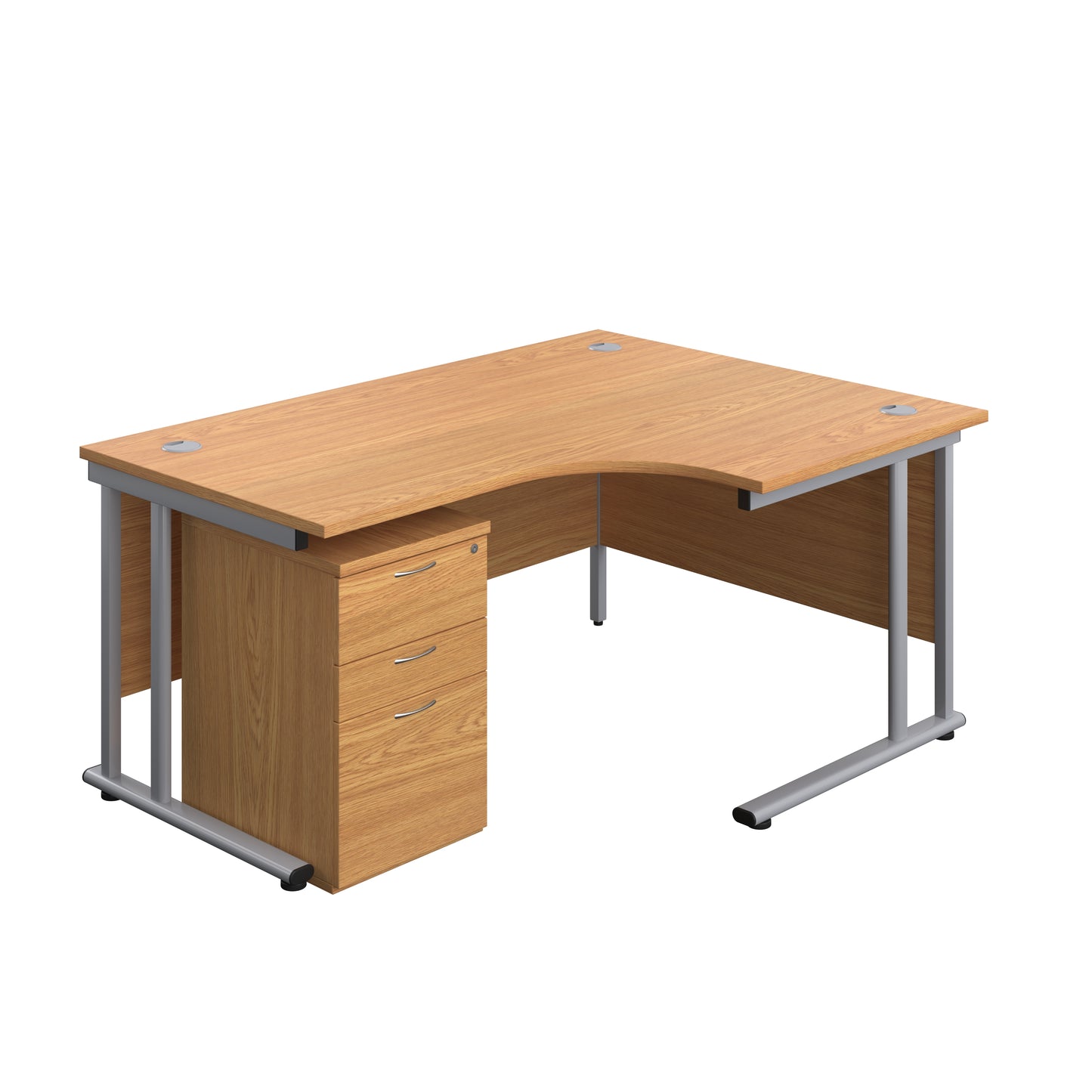 Aztec|Twin Upright|Right Hand Radial Desk and High Mobile Pedestal 3 Drawer|1600x1200|Nova Oak-Silver