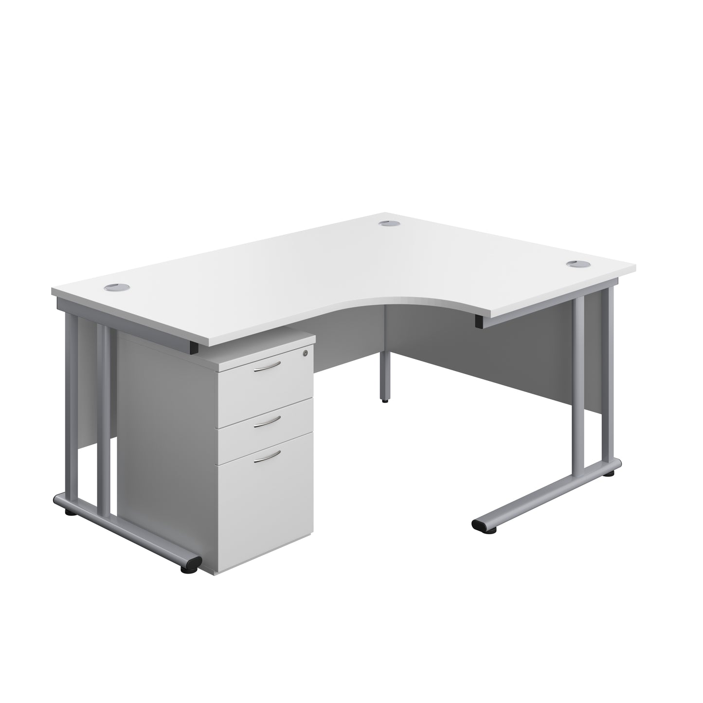 Aztec|Twin Upright|Right Hand Radial Desk and High Mobile Pedestal 3 Drawer|1600x1200|White-Silver