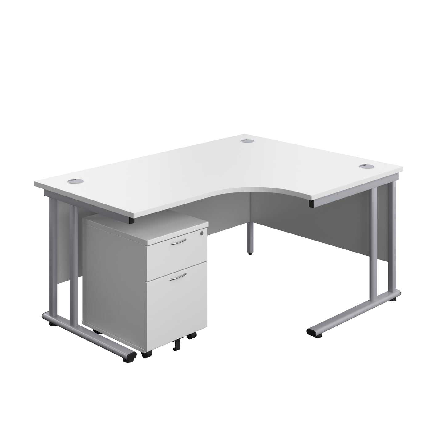Aztec|Twin Upright|Right Hand Radial Desk and Mobile 2 Drawer Pedestal|1600x1200|White-Silver