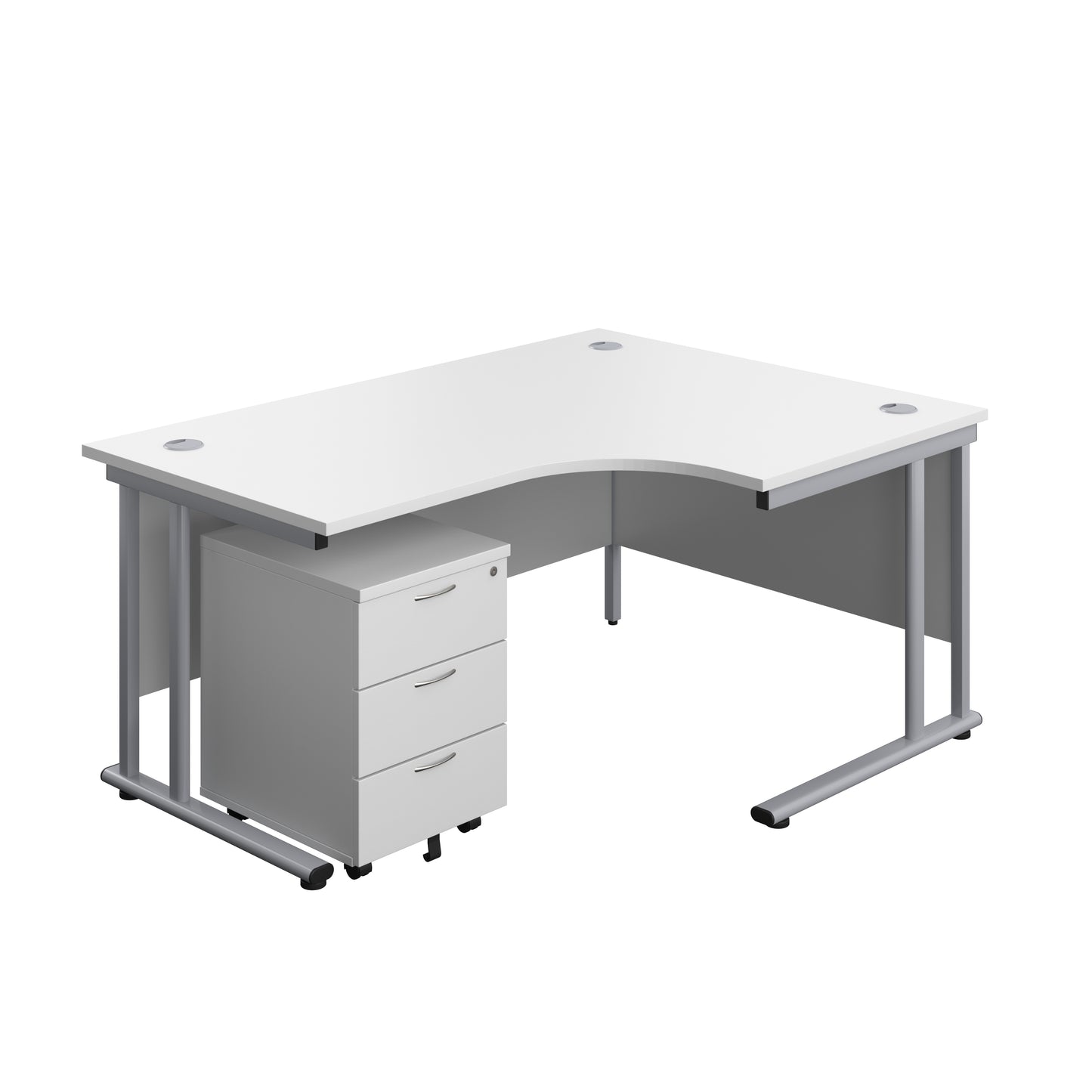 Aztec|Twin Upright|Right Hand Radial Desk and Mobile 3 Drawer Pedestal|1600x1200|White-Silver