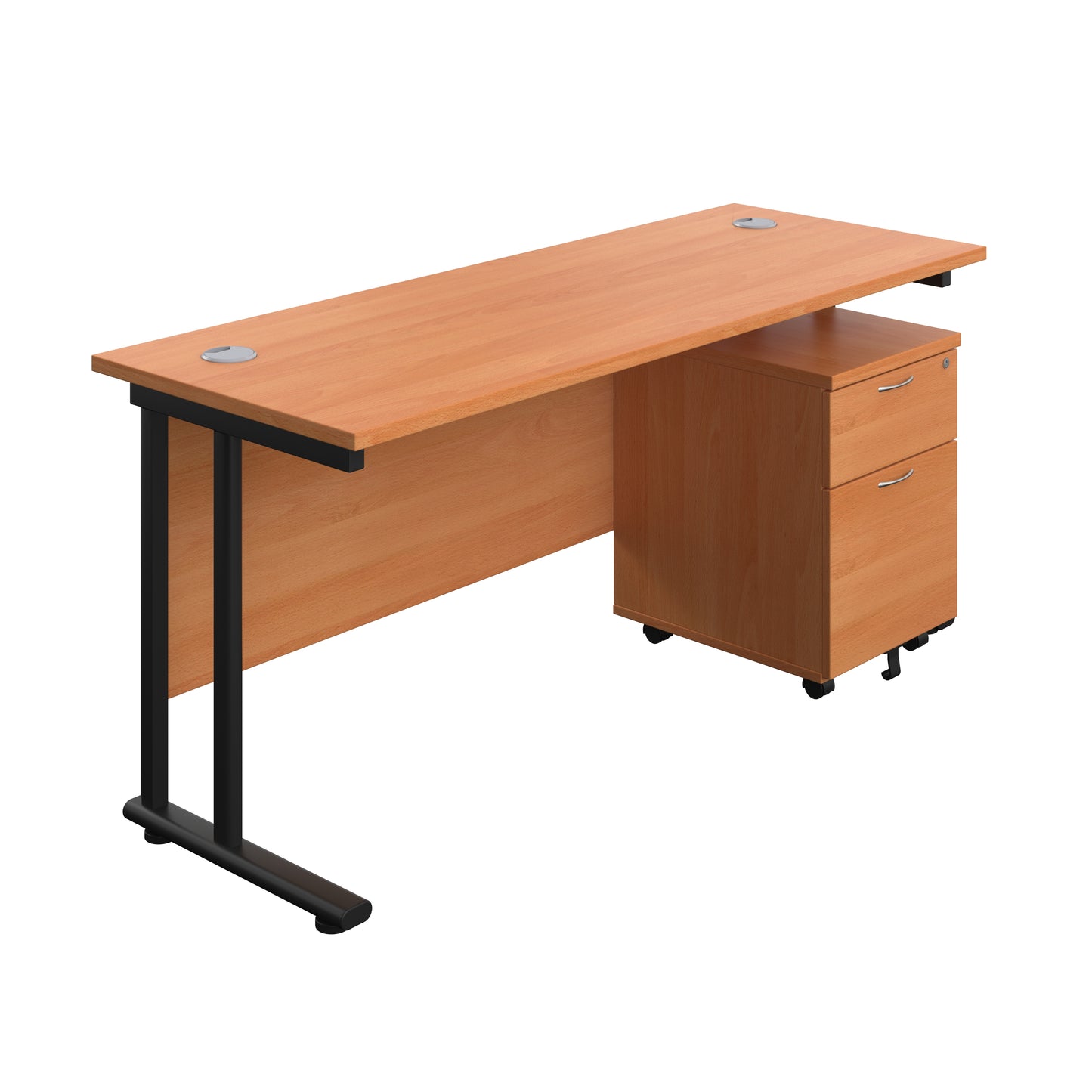 Aztec|Twin Upright|Rectangular Desk and Mobile 2 Drawer Pedestal|1600x600|Beech-Black