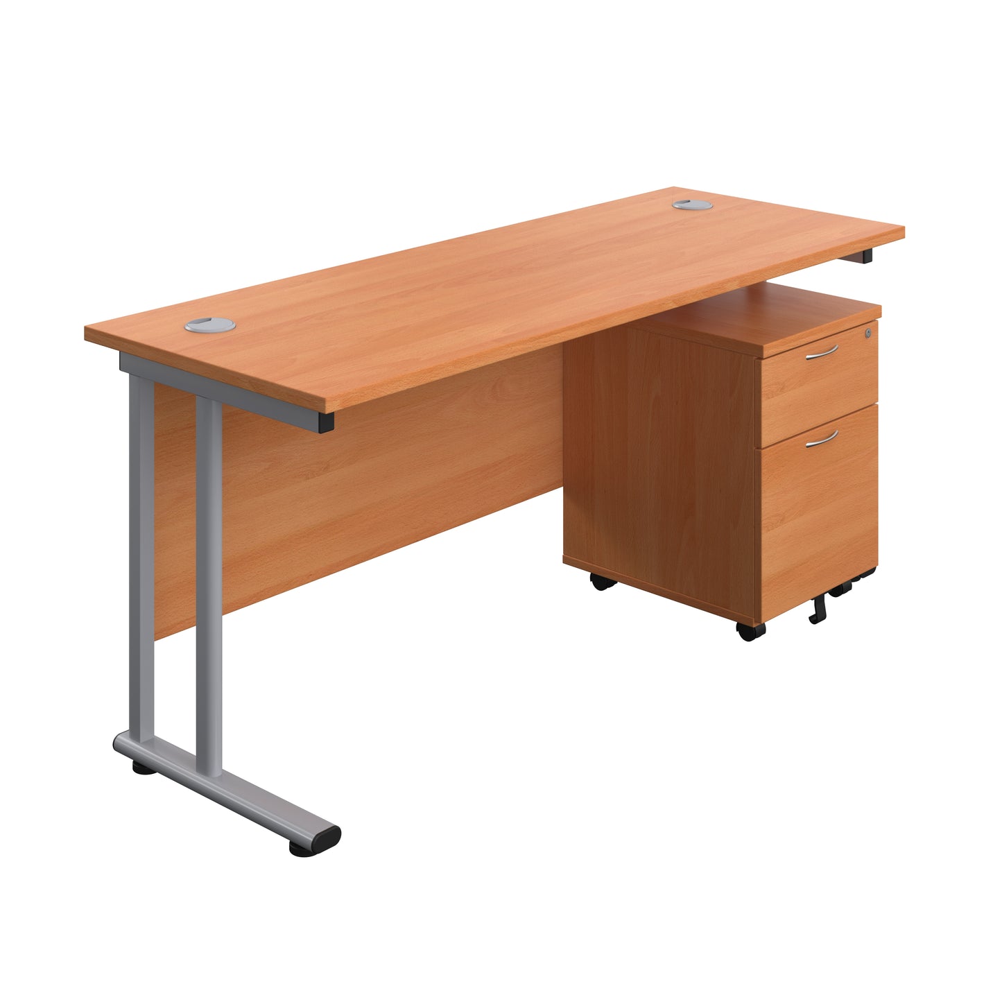 Aztec|Twin Upright|Rectangular Desk and Mobile 2 Drawer Pedestal|1600x600|Beech-Silver